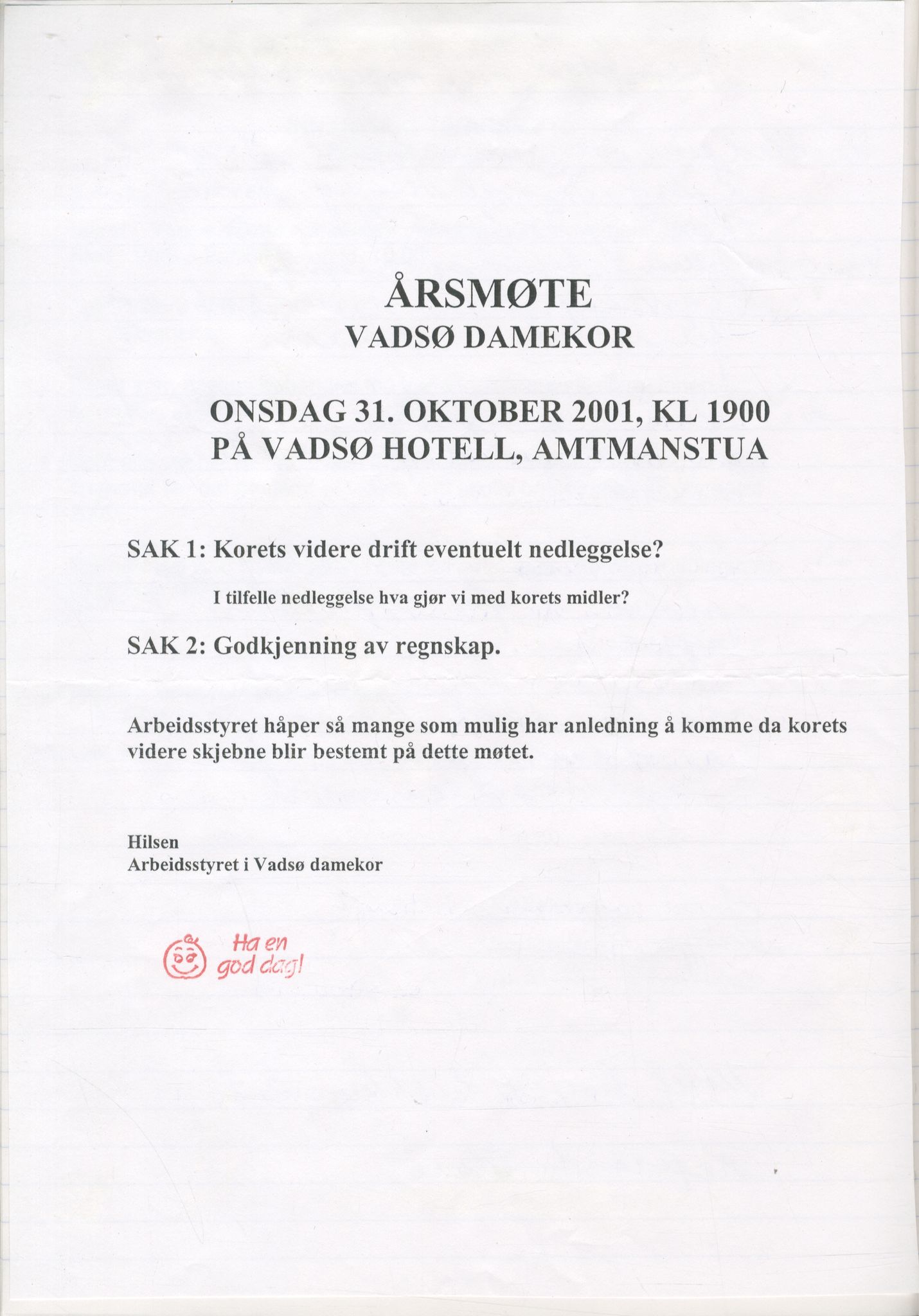 Vadsø damekor, FMFB/A-1049/A/Ab/L0006: Møtebok for medlemsmøter, 1995-2001