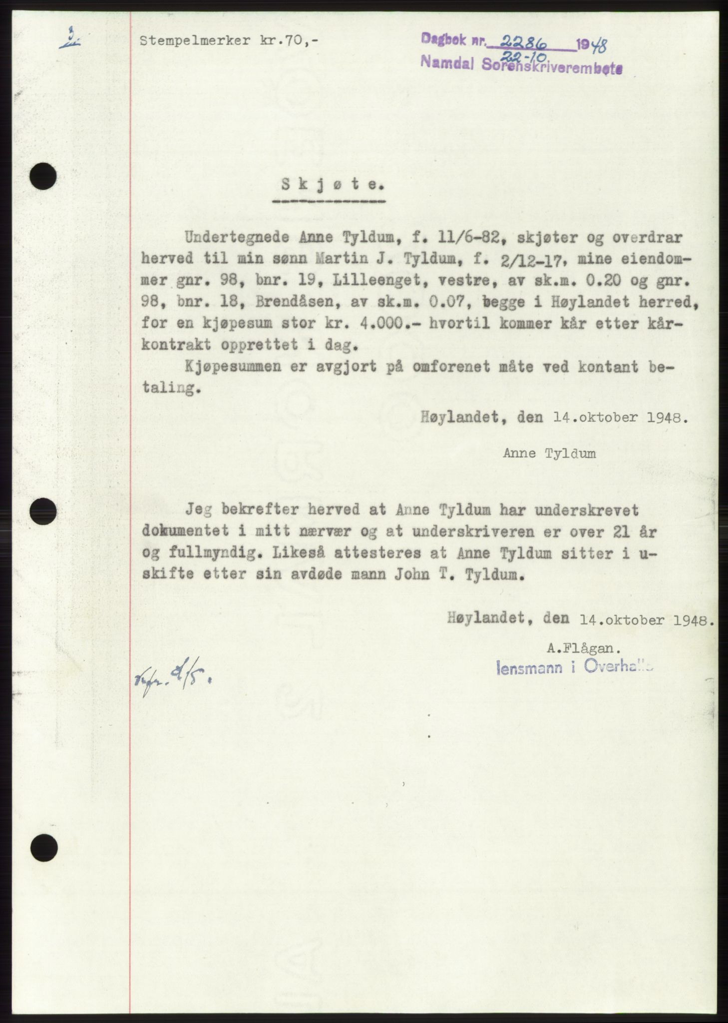 Namdal sorenskriveri, SAT/A-4133/1/2/2C: Pantebok nr. -, 1948-1948, Dagboknr: 2286/1948
