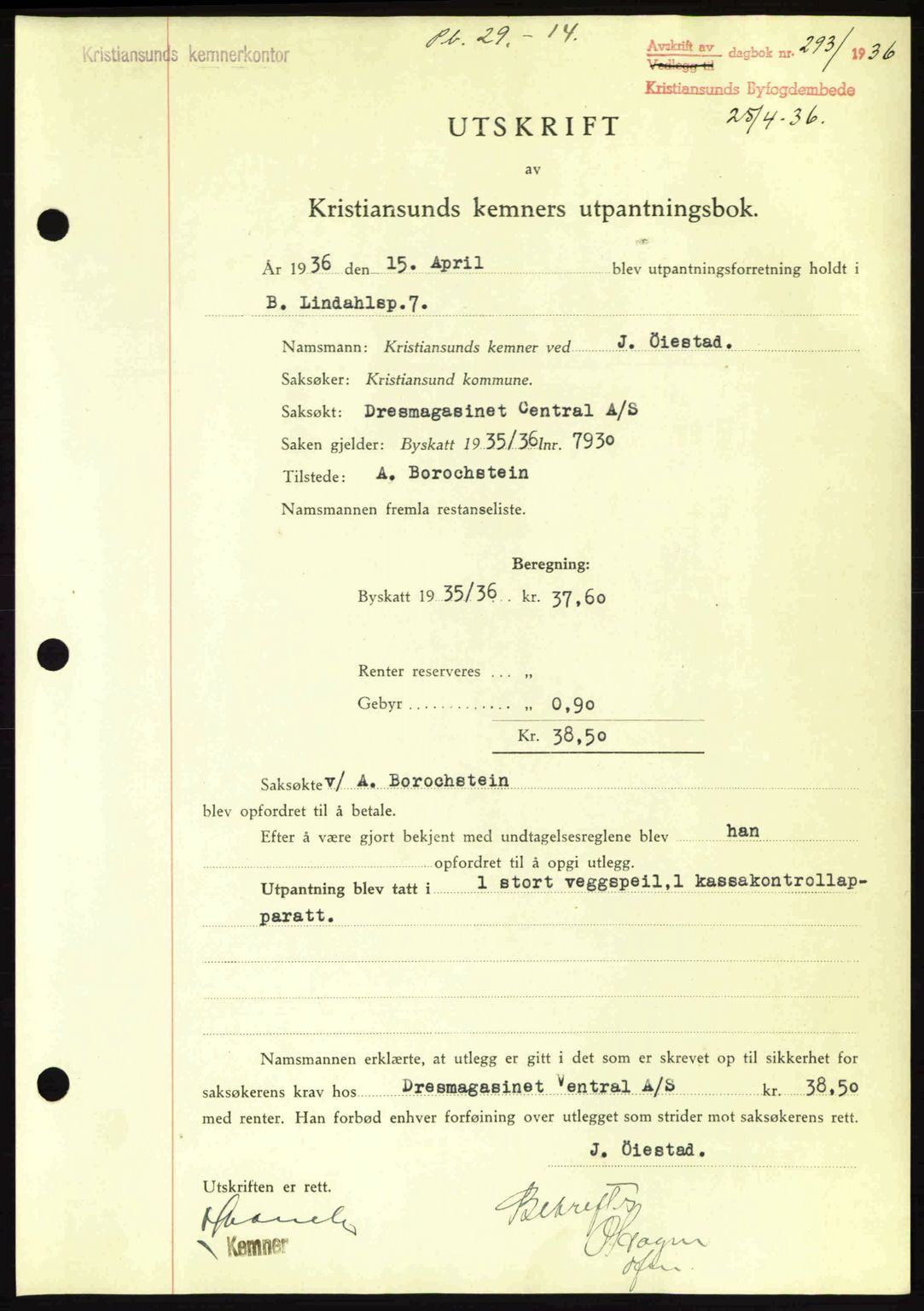 Kristiansund byfogd, SAT/A-4587/A/27: Pantebok nr. 29, 1936-1937, Dagboknr: 293/1936