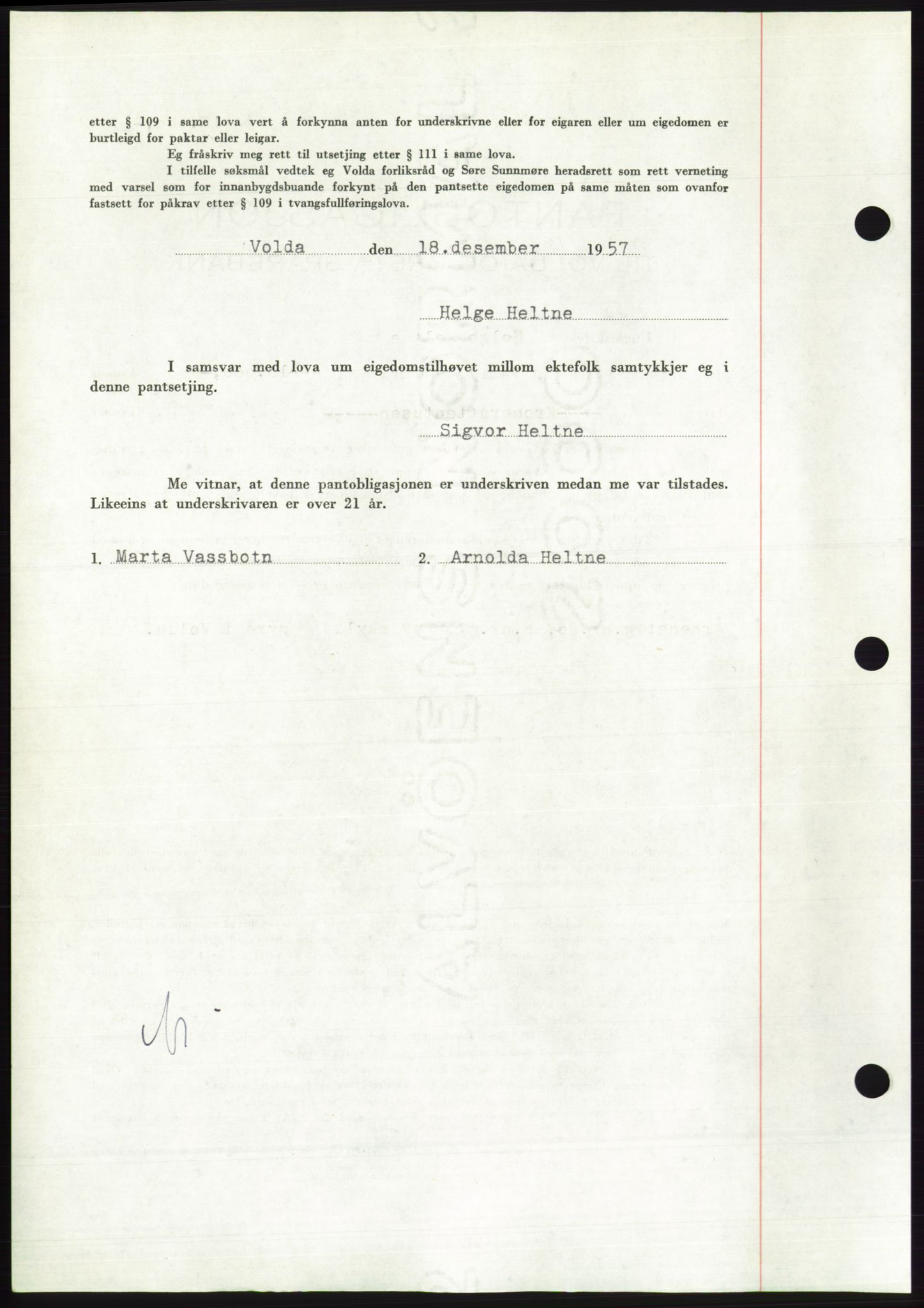 Søre Sunnmøre sorenskriveri, AV/SAT-A-4122/1/2/2C/L0130: Pantebok nr. 18B, 1957-1958, Dagboknr: 3157/1957