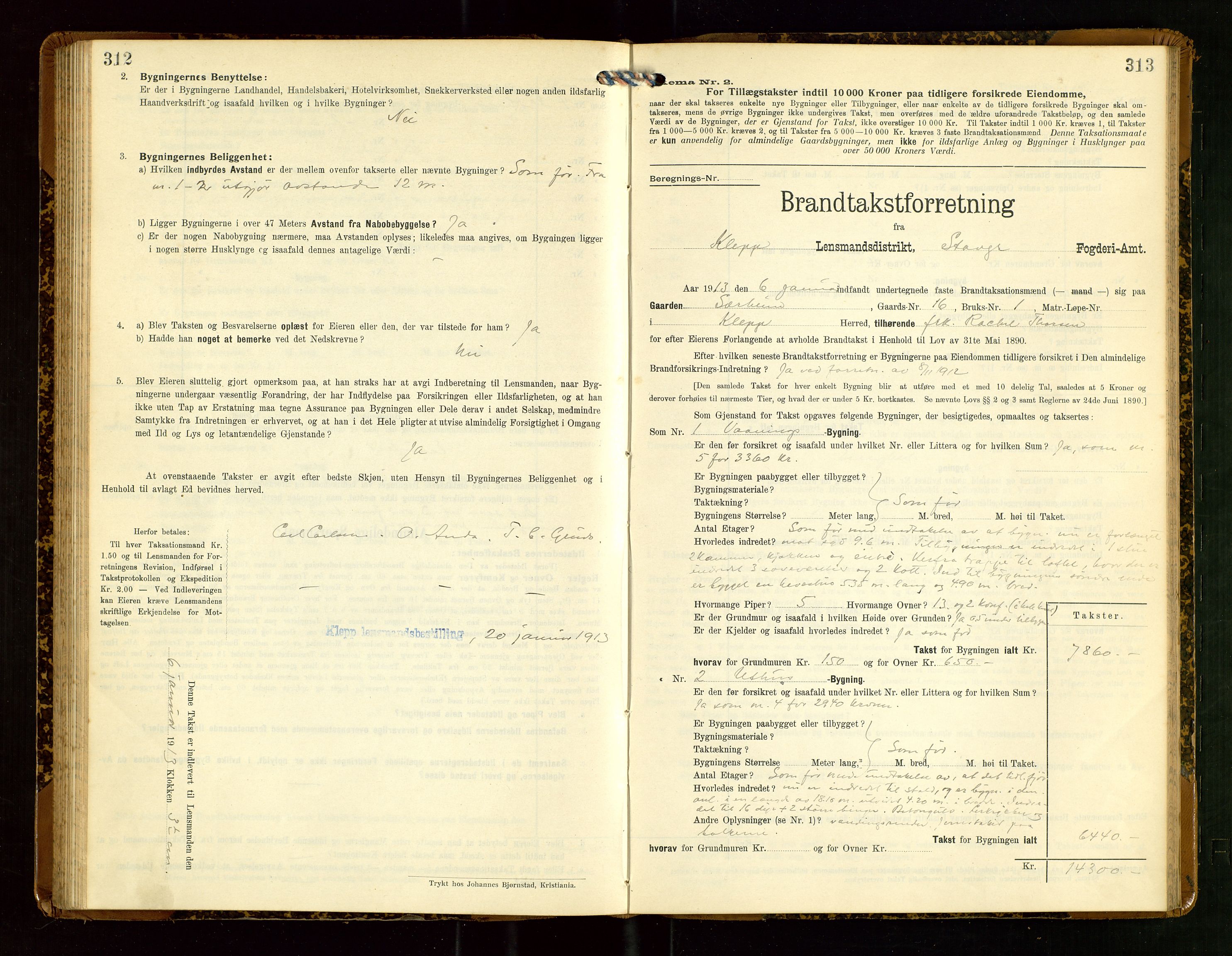 Klepp lensmannskontor, SAST/A-100163/Goc/L0007: "Brandtaxationsprotokol" m/register, 1911-1915, s. 312-313