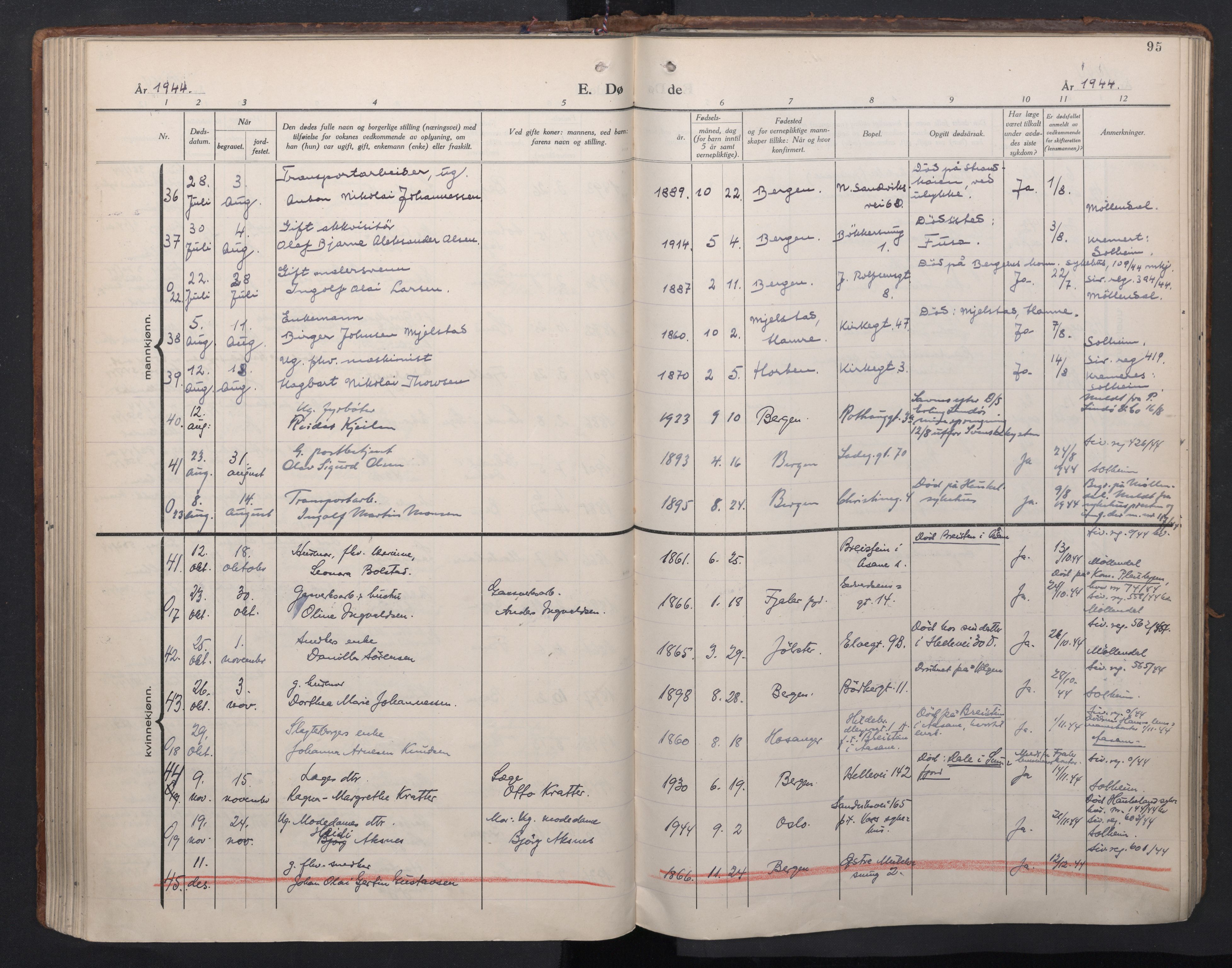 Sandviken Sokneprestembete, AV/SAB-A-77601/H/Ha/L0020: Ministerialbok nr. E 3, 1933-1962, s. 95