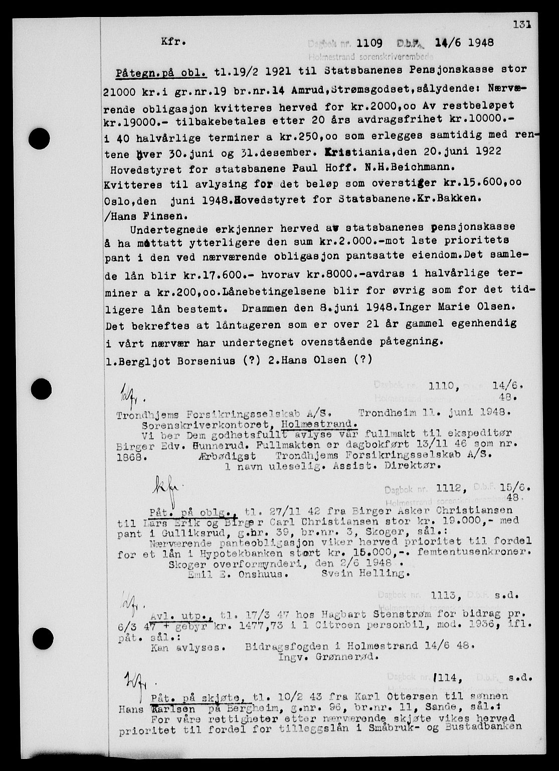 Holmestrand sorenskriveri, SAKO/A-67/G/Ga/Gab/L0058: Pantebok nr. B-58, 1947-1948, s. 131, Dagboknr: 1109/1948