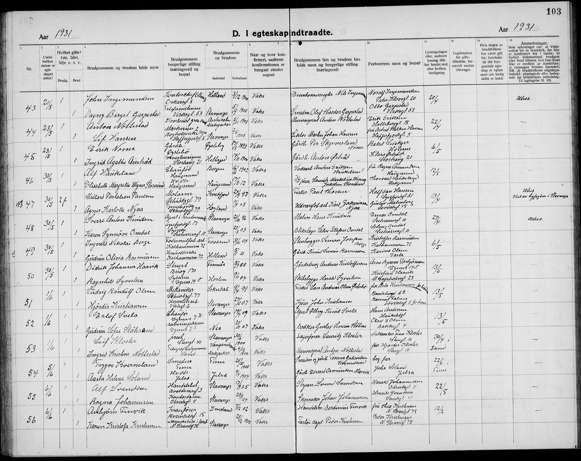 Domkirken sokneprestkontor, AV/SAST-A-101812/001/30/30BB/L0020: Klokkerbok nr. B 20, 1921-1937, s. 103