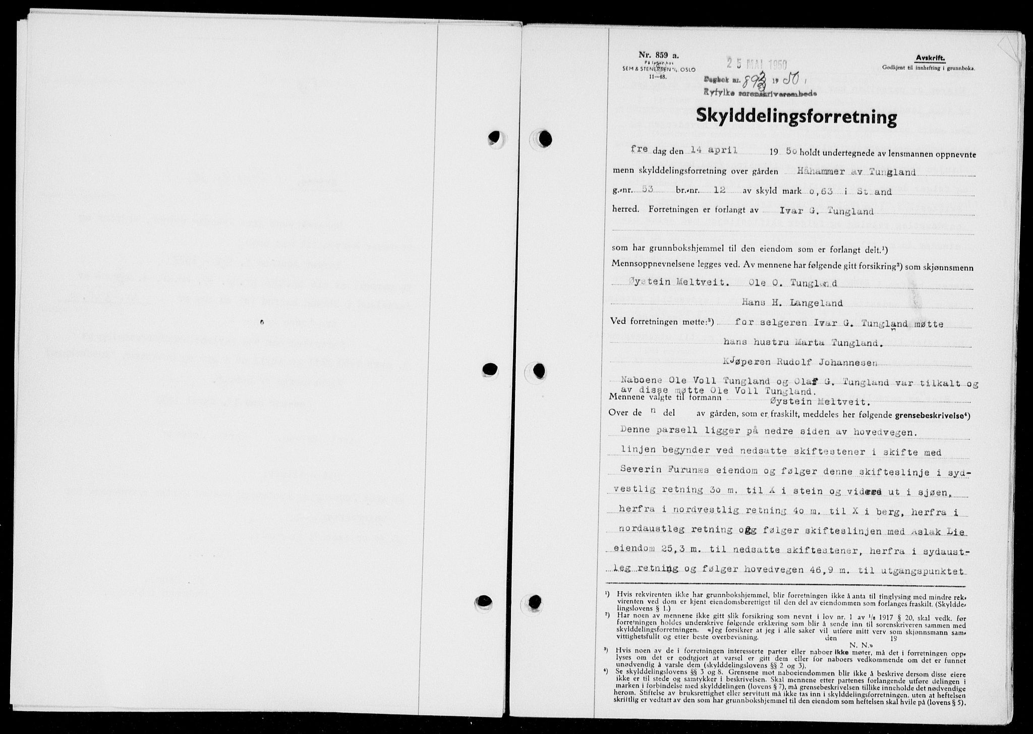 Ryfylke tingrett, SAST/A-100055/001/II/IIB/L0109: Pantebok nr. 88, 1950-1950, Dagboknr: 893/1950