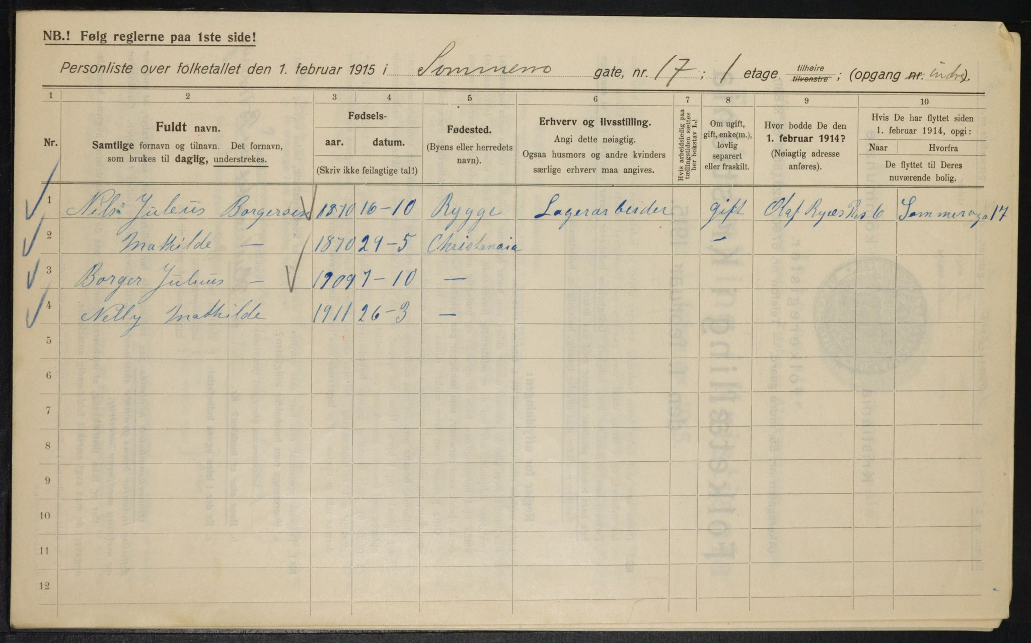 OBA, Kommunal folketelling 1.2.1915 for Kristiania, 1915, s. 99600