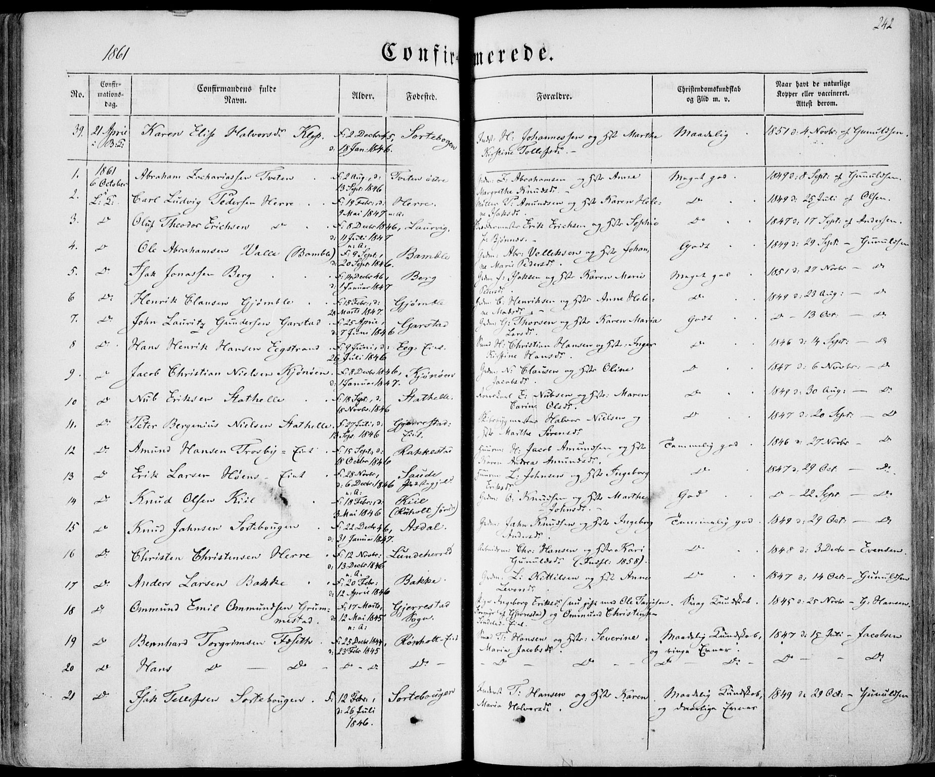 Bamble kirkebøker, AV/SAKO-A-253/F/Fa/L0005: Ministerialbok nr. I 5, 1854-1869, s. 242
