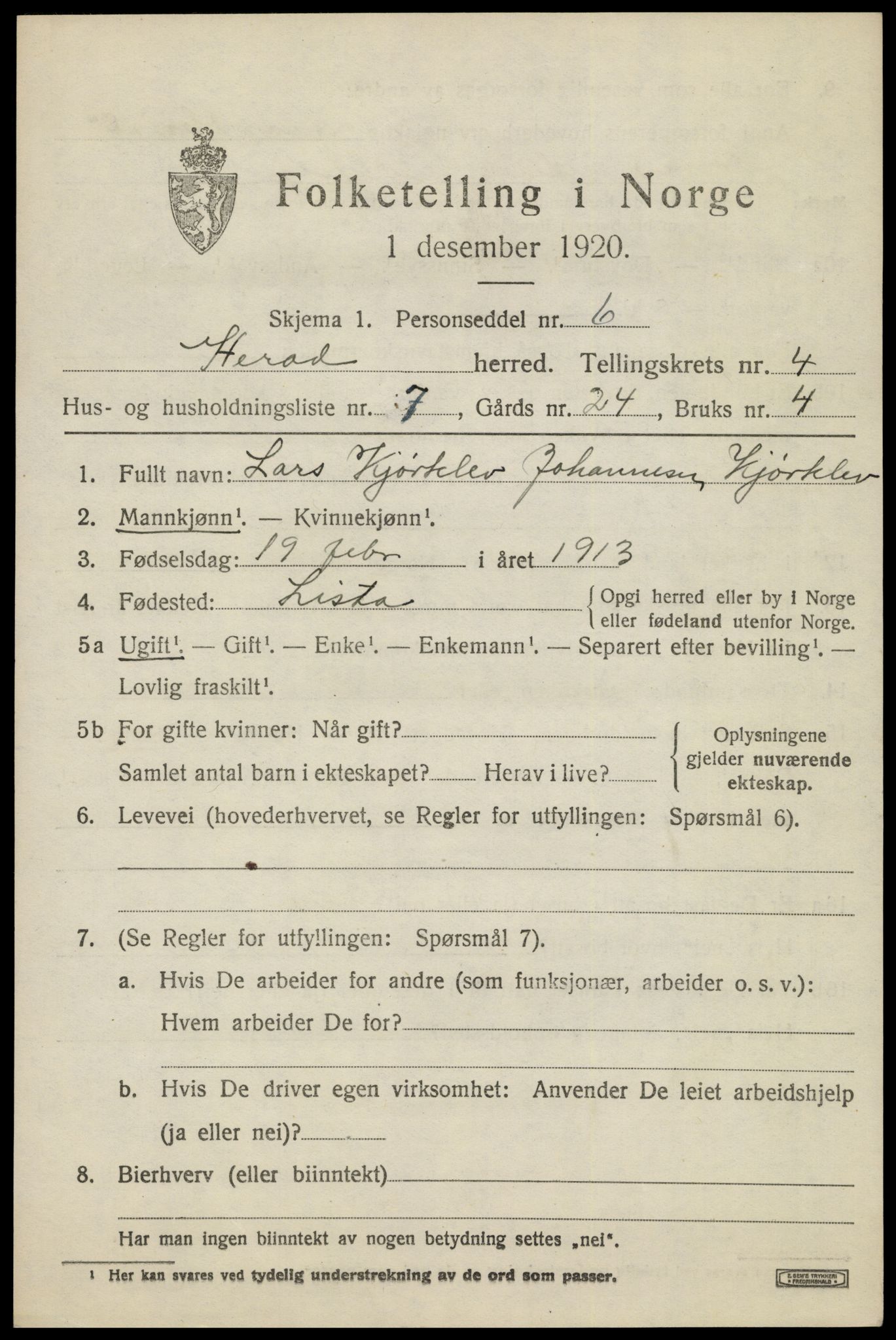 SAK, Folketelling 1920 for 1039 Herad herred, 1920, s. 1798