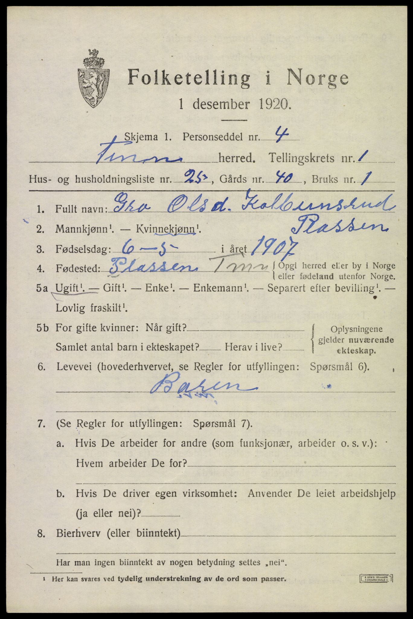 SAKO, Folketelling 1920 for 0826 Tinn herred, 1920, s. 3006
