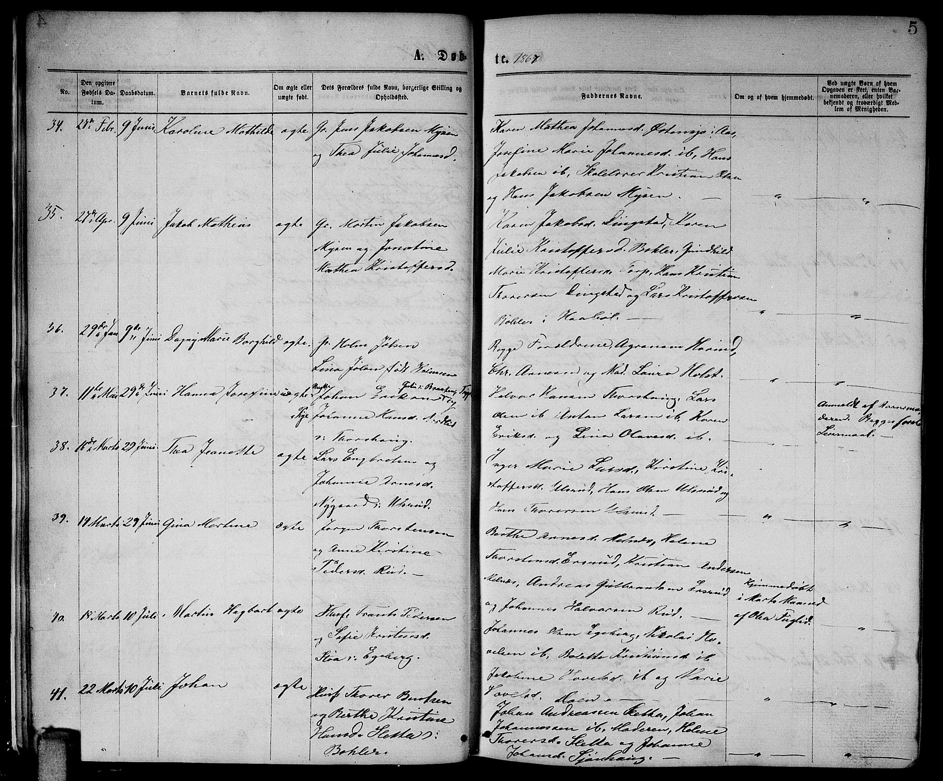 Enebakk prestekontor Kirkebøker, AV/SAO-A-10171c/G/Ga/L0005: Klokkerbok nr. I 5, 1867-1888, s. 5