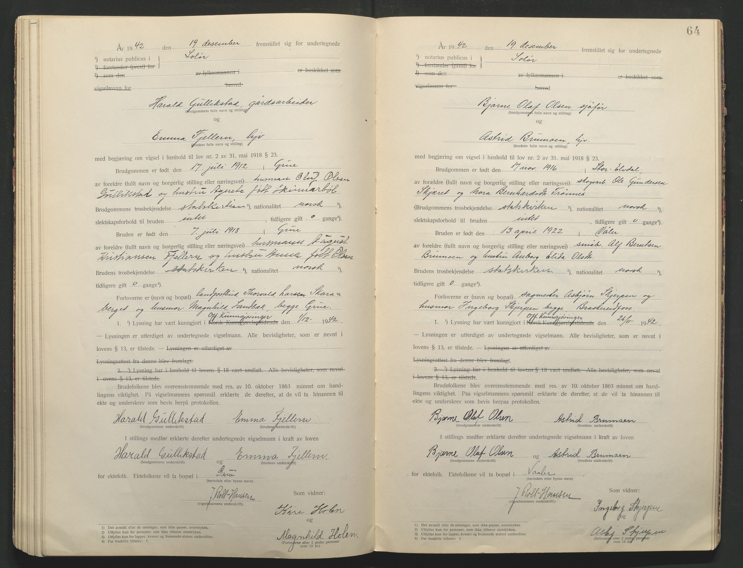 Solør tingrett, AV/SAH-TING-008/L/Lb/L0001: Vigselprotokoll, 1920-1943, s. 64