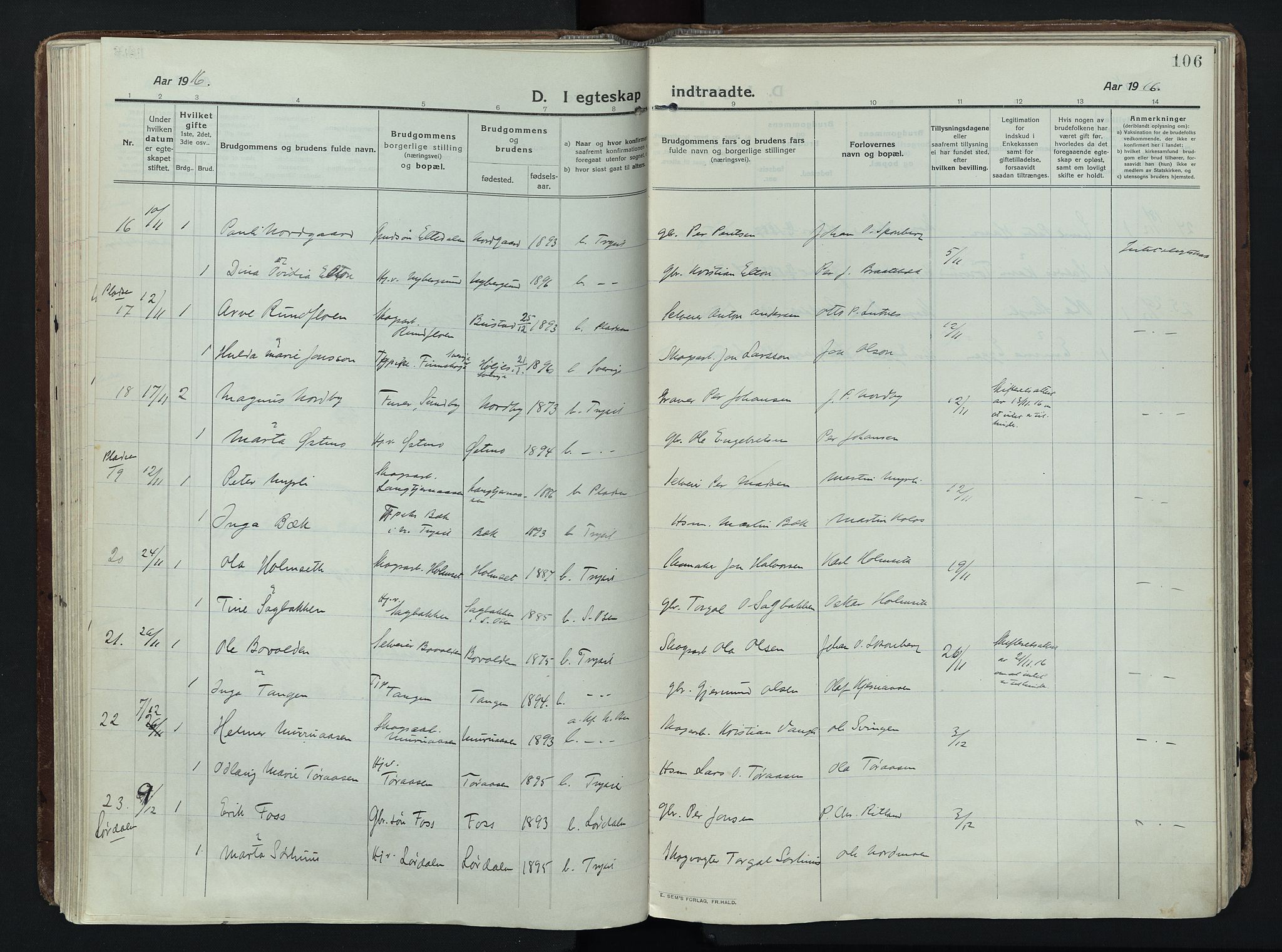 Trysil prestekontor, AV/SAH-PREST-046/H/Ha/Haa/L0014: Ministerialbok nr. 14, 1912-1923, s. 106