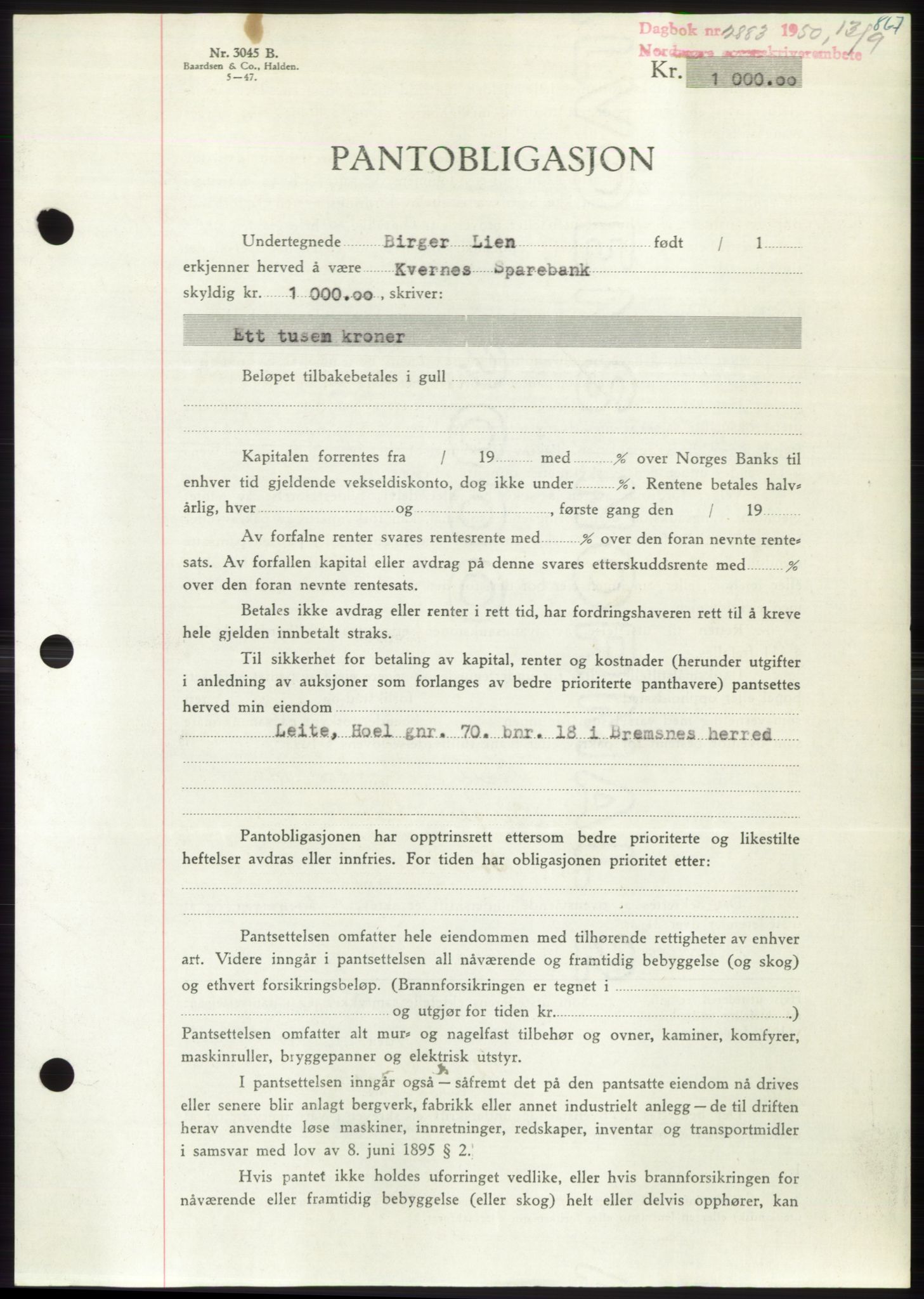 Nordmøre sorenskriveri, AV/SAT-A-4132/1/2/2Ca: Pantebok nr. B105, 1950-1950, Dagboknr: 2883/1950