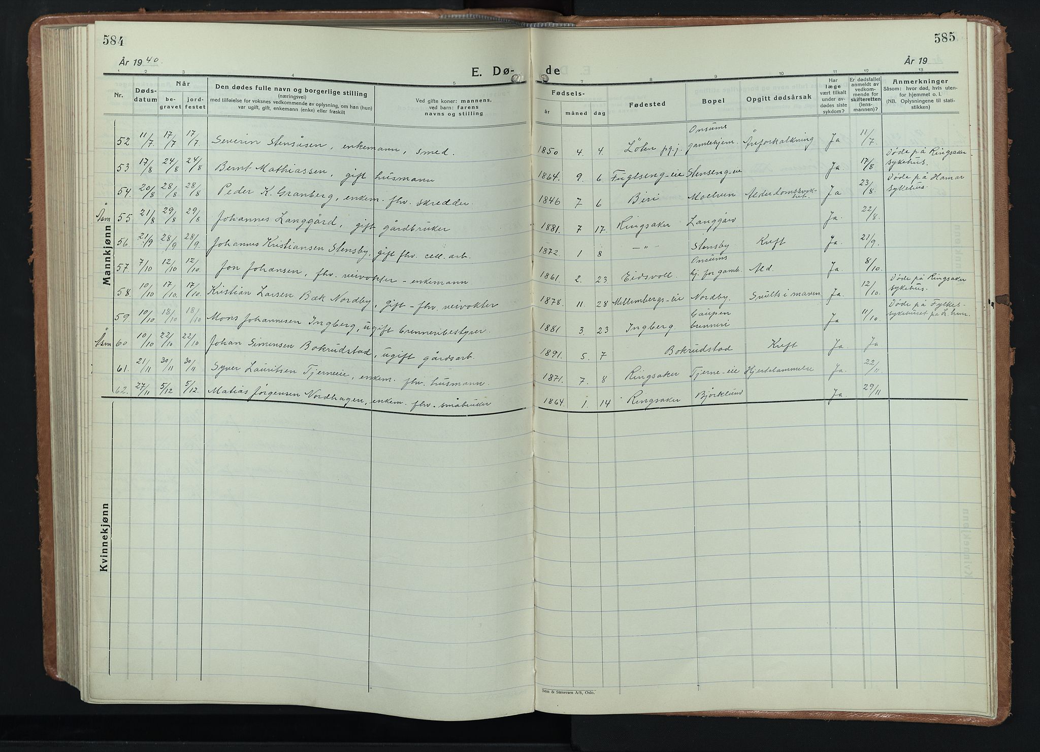 Ringsaker prestekontor, AV/SAH-PREST-014/L/La/L0020: Klokkerbok nr. 20, 1934-1946, s. 584-585