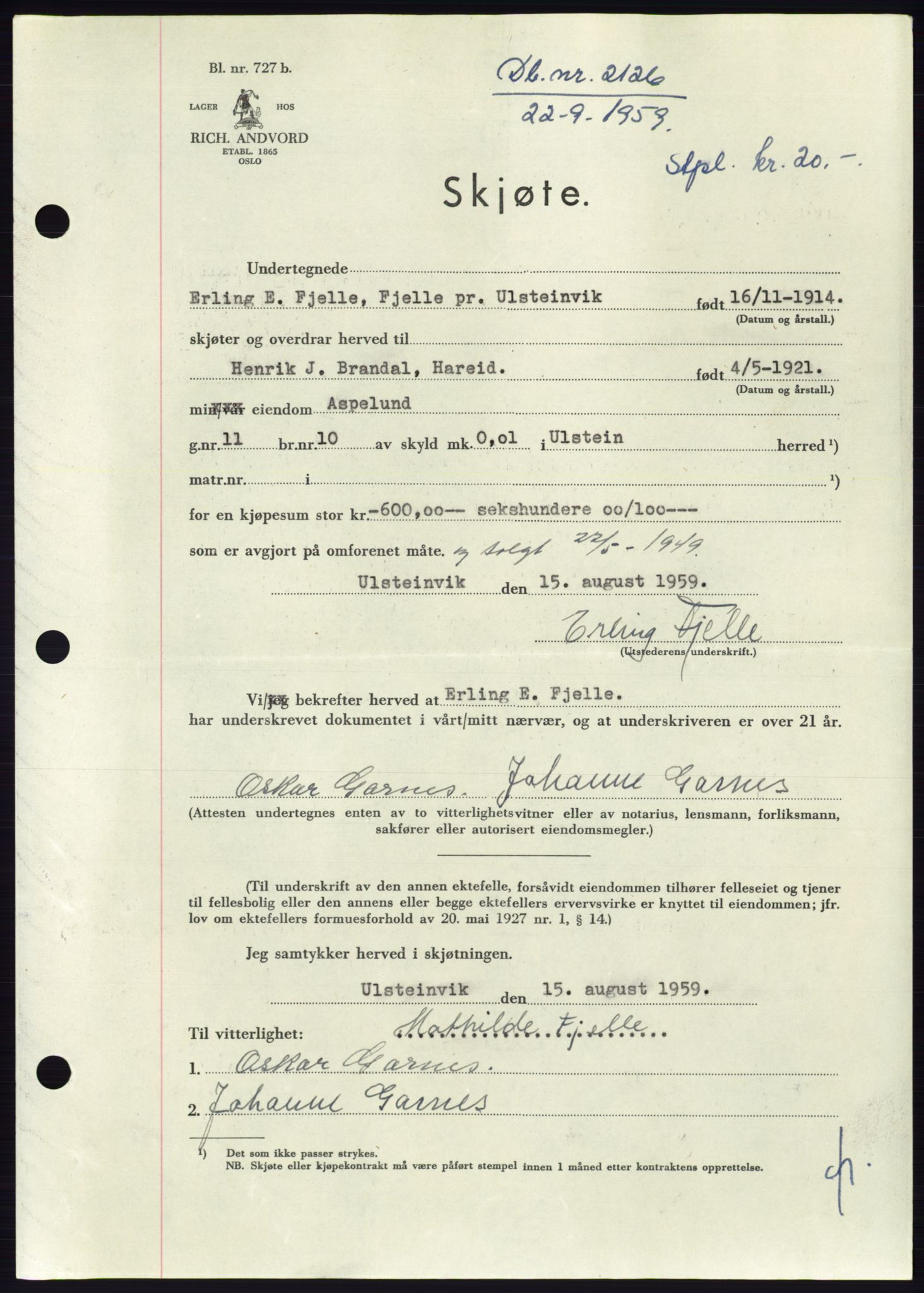 Søre Sunnmøre sorenskriveri, AV/SAT-A-4122/1/2/2C/L0113: Pantebok nr. 39A, 1959-1959, Dagboknr: 2126/1959