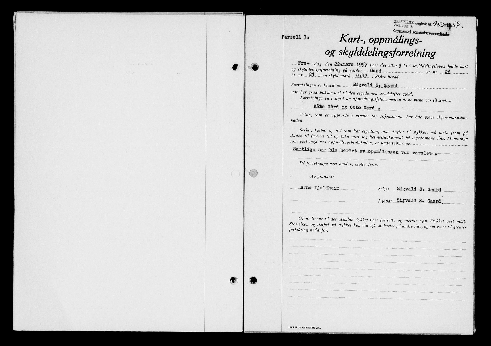 Karmsund sorenskriveri, SAST/A-100311/01/II/IIB/L0124: Pantebok nr. 104A, 1957-1957, Dagboknr: 950/1957