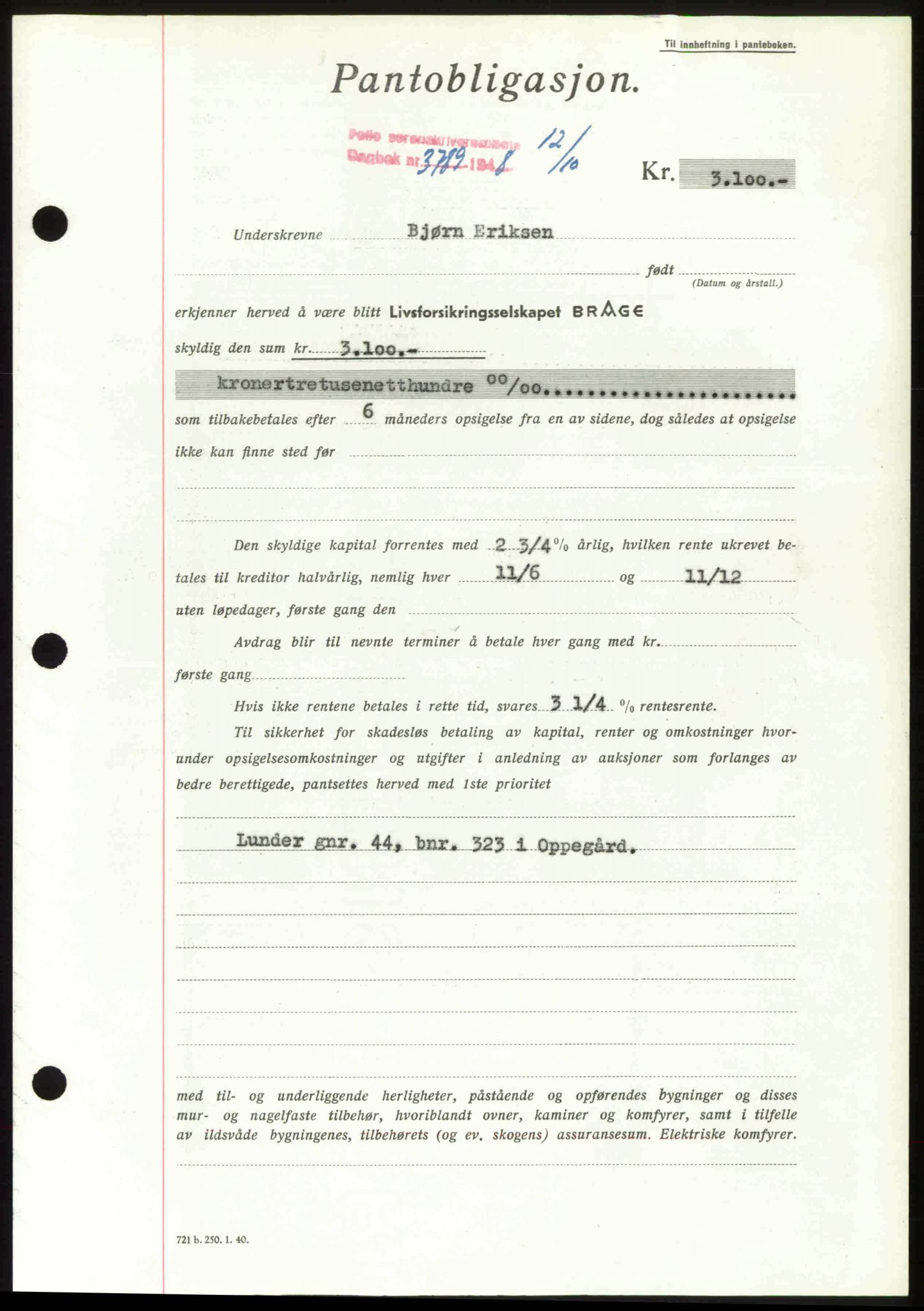 Follo sorenskriveri, SAO/A-10274/G/Ga/Gaa/L0085: Pantebok nr. I 85, 1948-1948, Dagboknr: 3789/1948