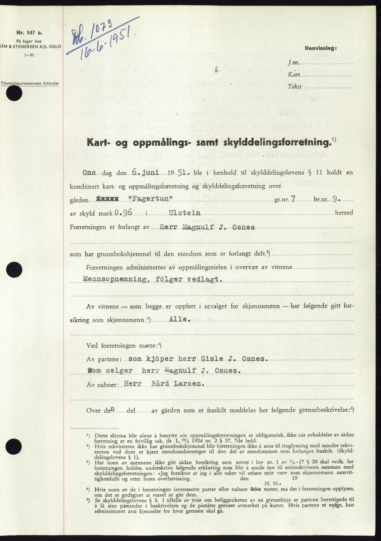 Søre Sunnmøre sorenskriveri, SAT/A-4122/1/2/2C/L0089: Pantebok nr. 15A, 1951-1951, Dagboknr: 1073/1951