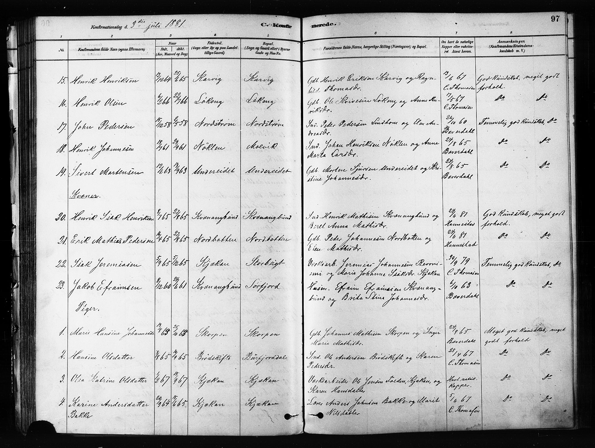 Skjervøy sokneprestkontor, AV/SATØ-S-1300/H/Ha/Haa/L0012kirke: Ministerialbok nr. 12, 1878-1891, s. 97