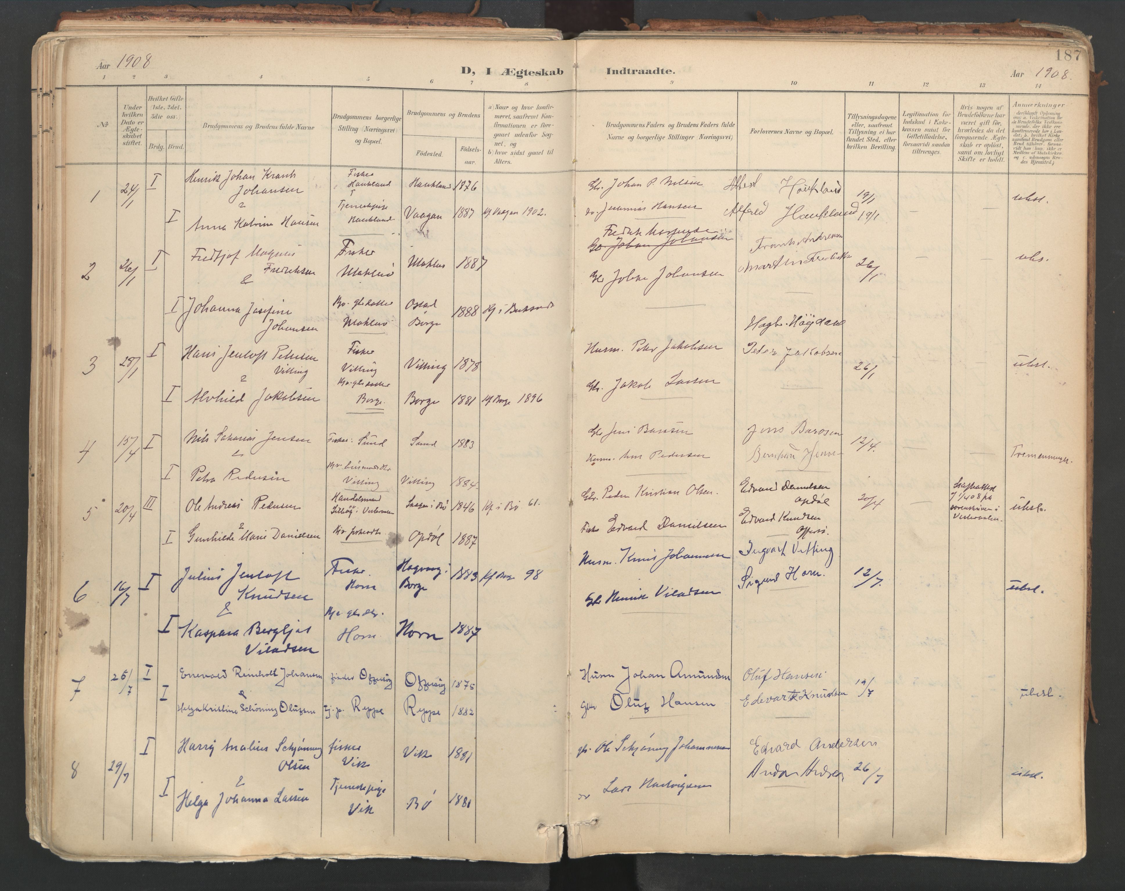 Ministerialprotokoller, klokkerbøker og fødselsregistre - Nordland, AV/SAT-A-1459/881/L1154: Ministerialbok nr. 881A07, 1907-1918, s. 187