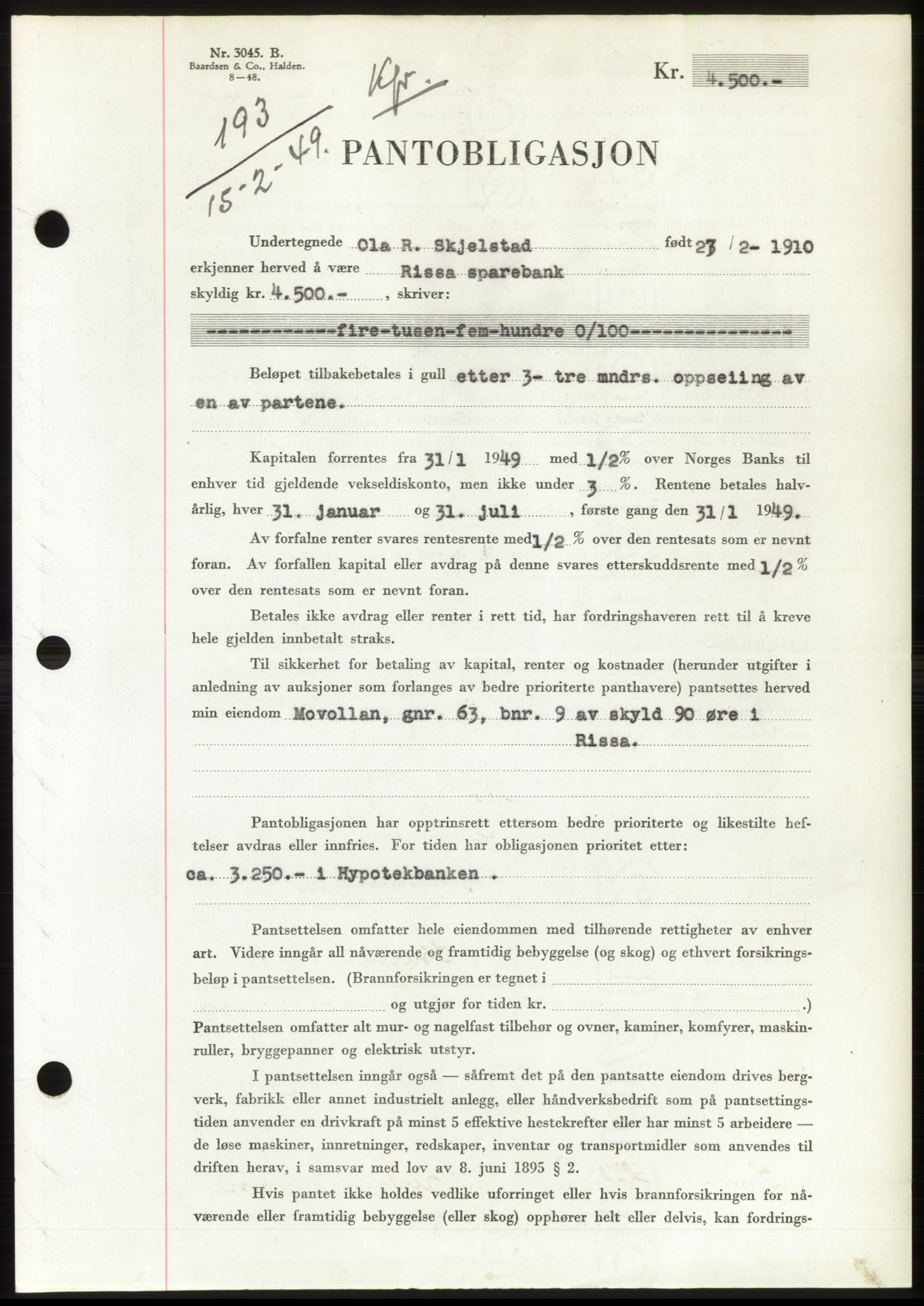 Fosen sorenskriveri, AV/SAT-A-1107/1/2/2C: Pantebok nr. B, 1948-1950, Dagboknr: 193/1949