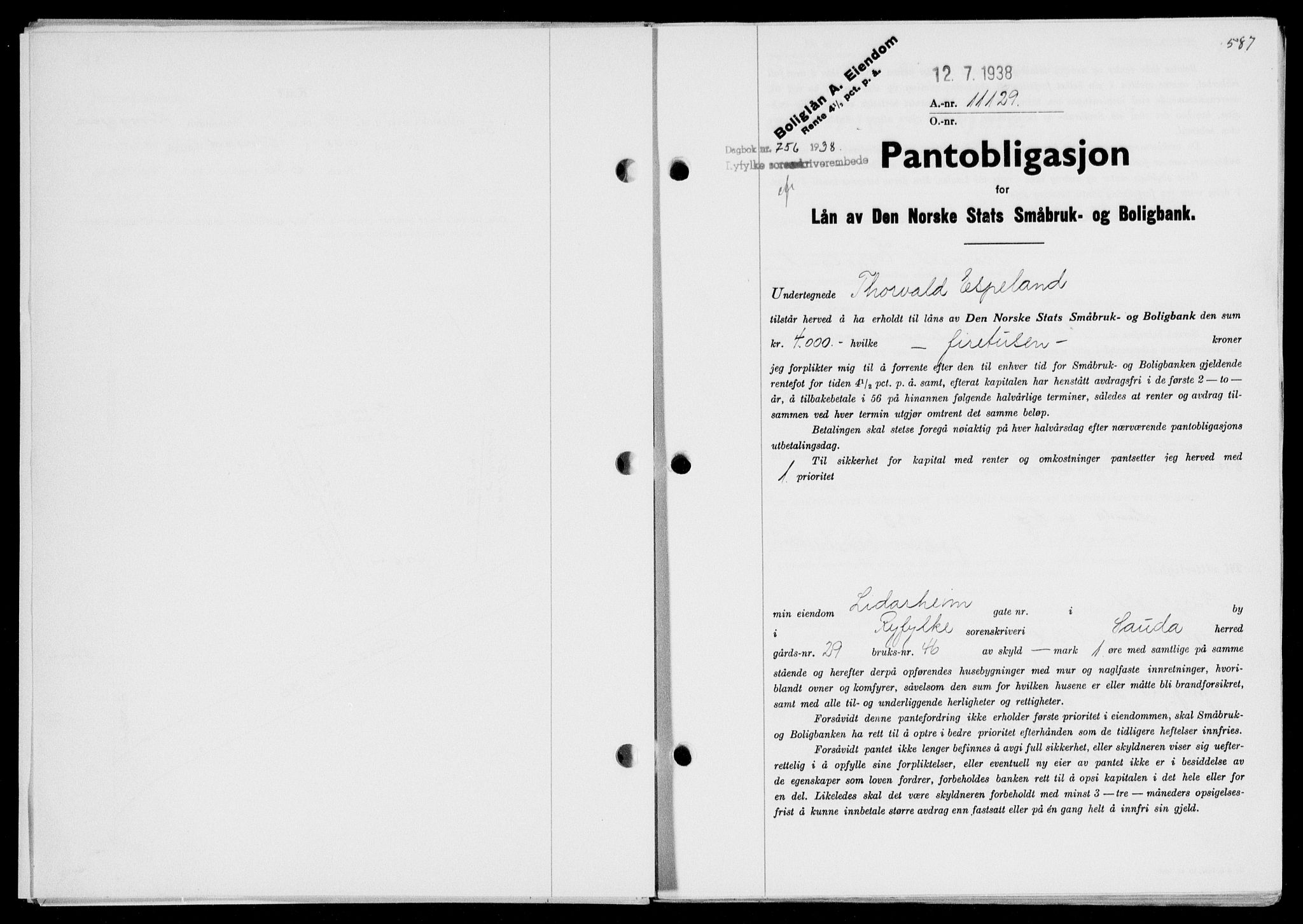 Ryfylke tingrett, SAST/A-100055/001/II/IIB/L0077: Pantebok nr. 56, 1938-1938, Dagboknr: 756/1938