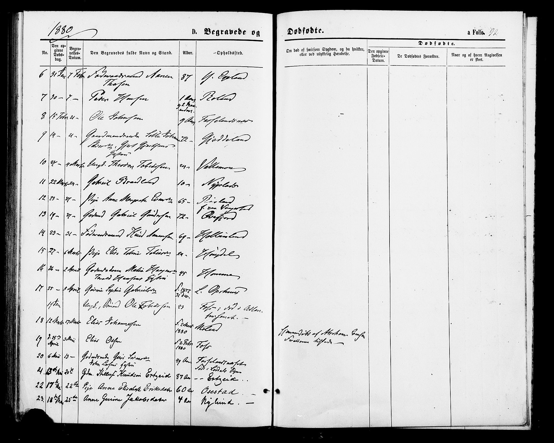 Sør-Audnedal sokneprestkontor, AV/SAK-1111-0039/F/Fa/Fab/L0008: Ministerialbok nr. A 8, 1876-1881, s. 92
