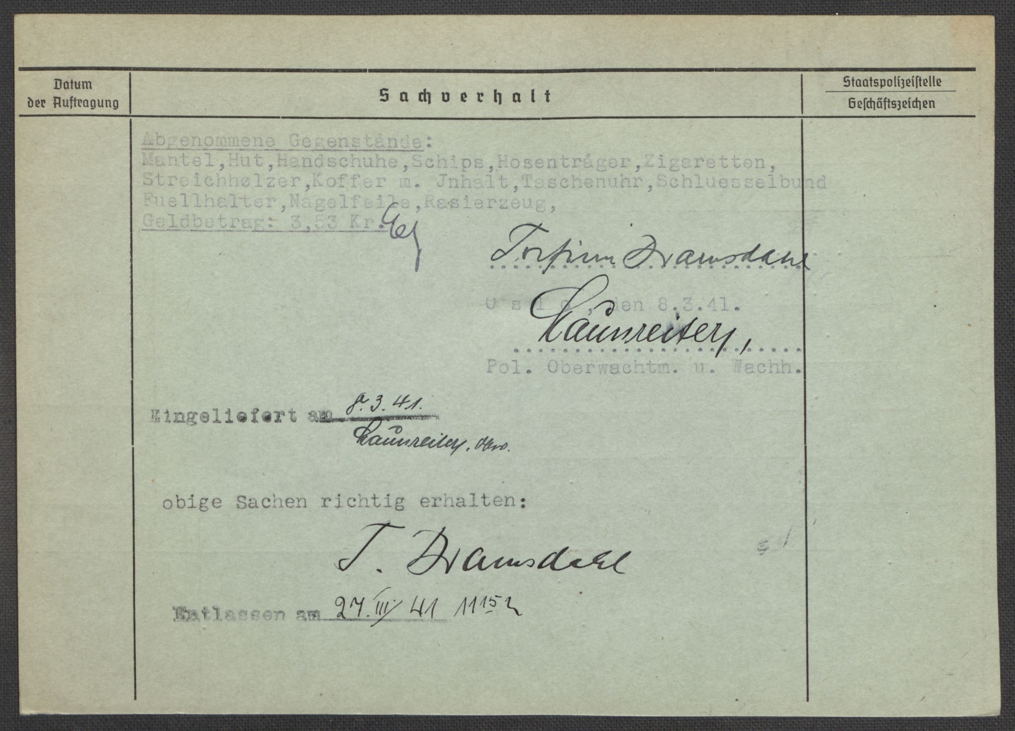 Befehlshaber der Sicherheitspolizei und des SD, RA/RAFA-5969/E/Ea/Eaa/L0002: Register over norske fanger i Møllergata 19: Bj-Eng, 1940-1945, s. 1072