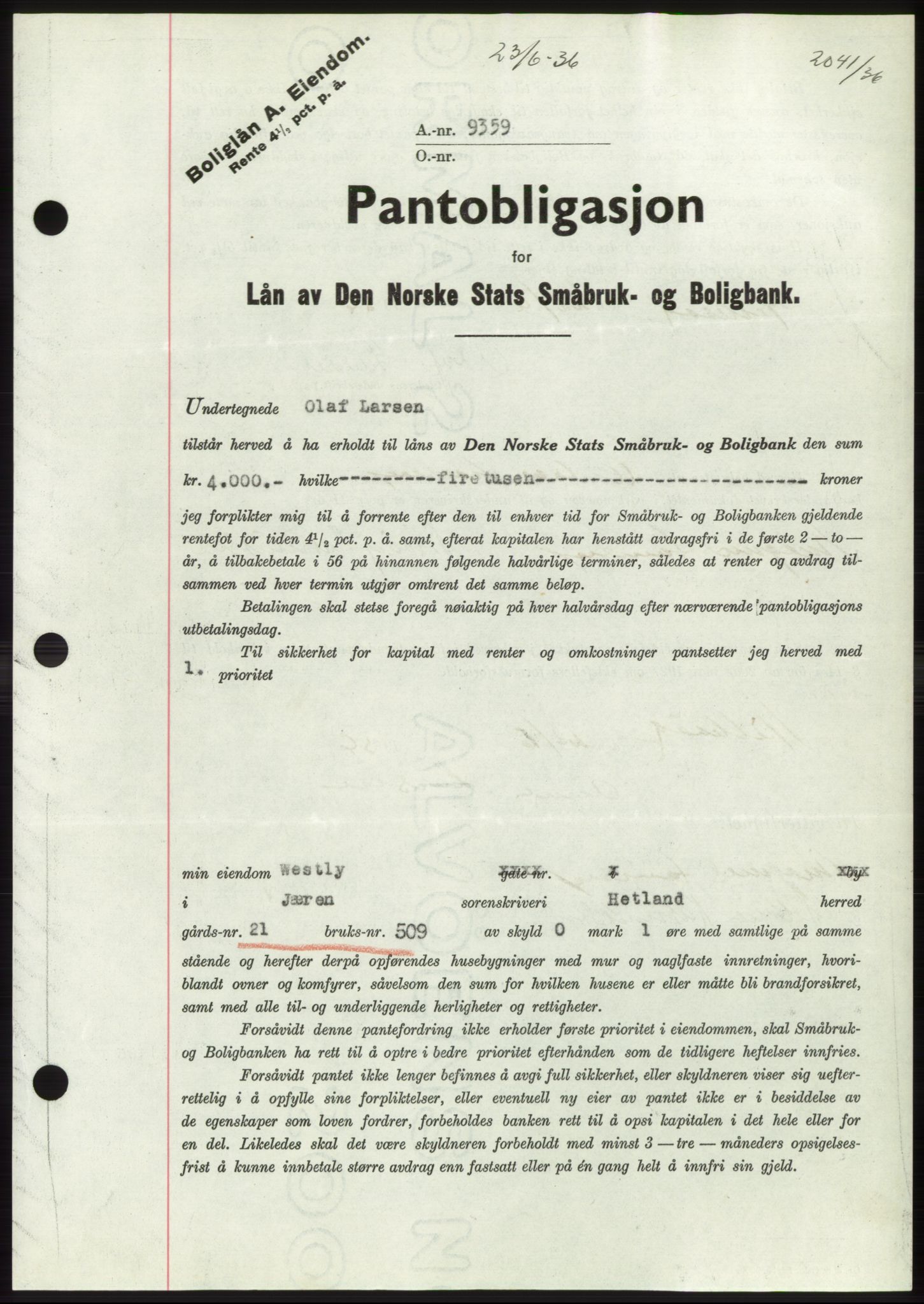 Jæren sorenskriveri, SAST/A-100310/03/G/Gba/L0065: Pantebok nr. 71, 1936-1936, Dagboknr: 2041/1936