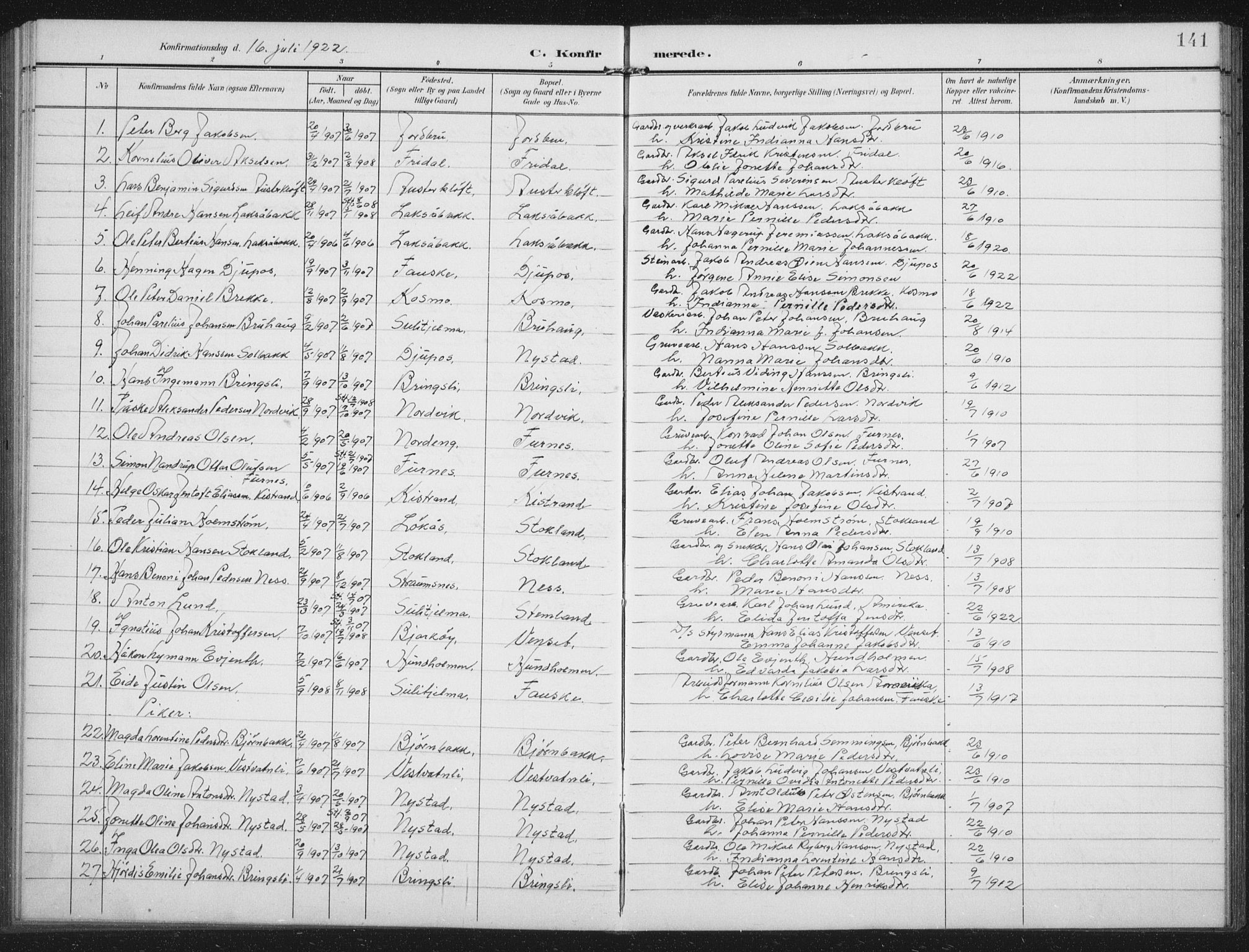 Ministerialprotokoller, klokkerbøker og fødselsregistre - Nordland, AV/SAT-A-1459/851/L0726: Klokkerbok nr. 851C01, 1902-1924, s. 141