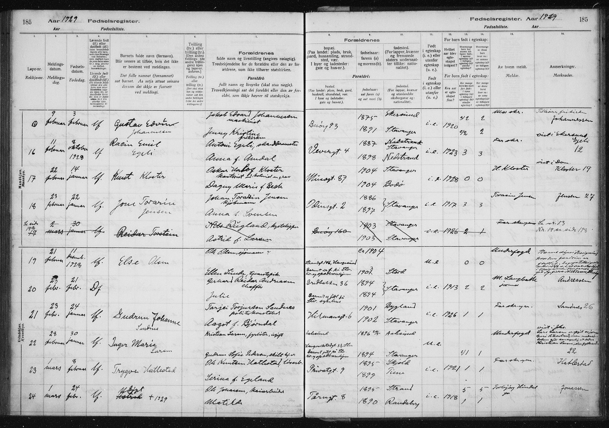 St. Petri sokneprestkontor, AV/SAST-A-101813/002/A/L0002: Fødselsregister nr. 2, 1922-1929, s. 185