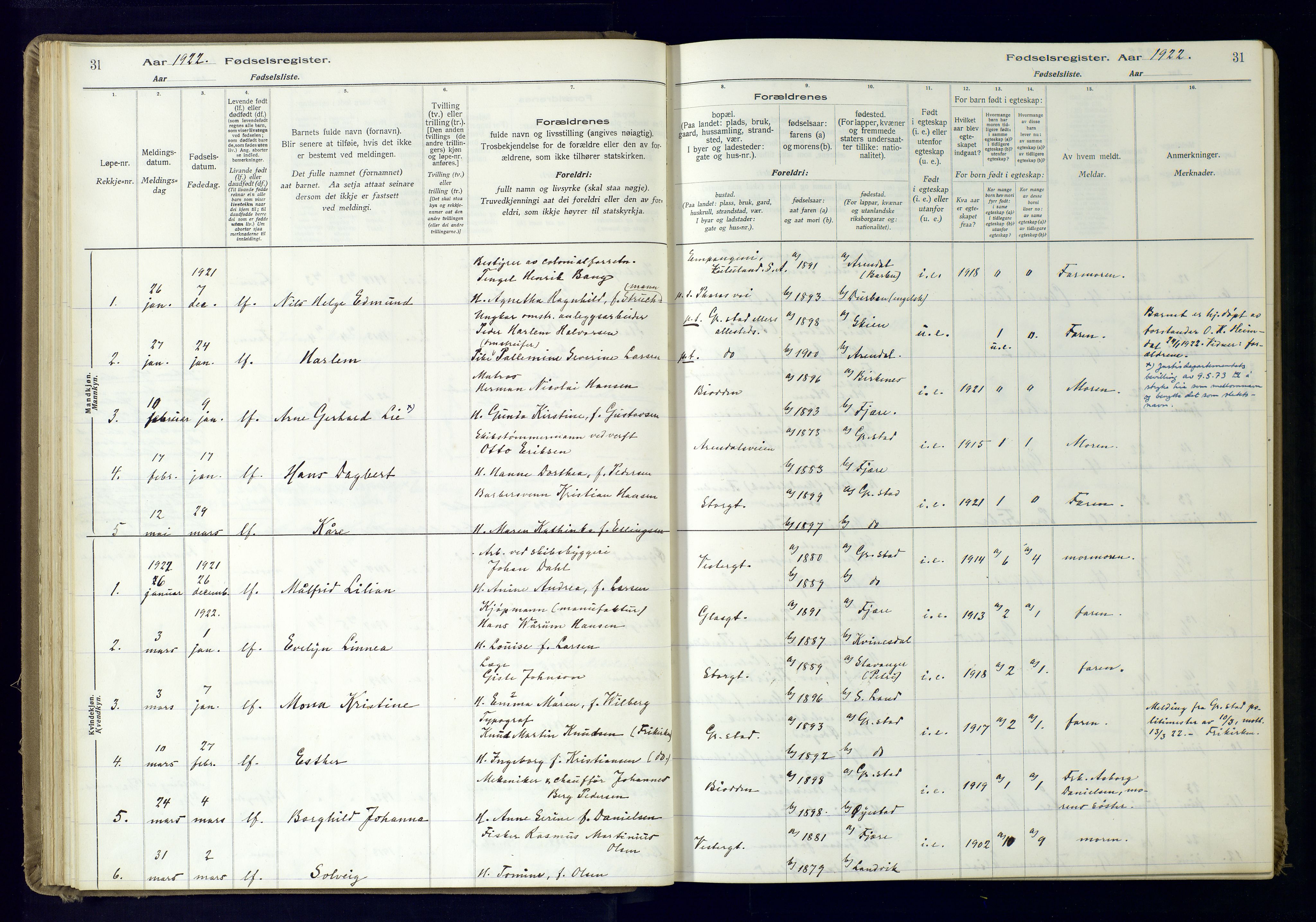 Grimstad sokneprestkontor, AV/SAK-1111-0017/J/Ja/L0001: Fødselsregister nr. 1, 1916-1960, s. 31