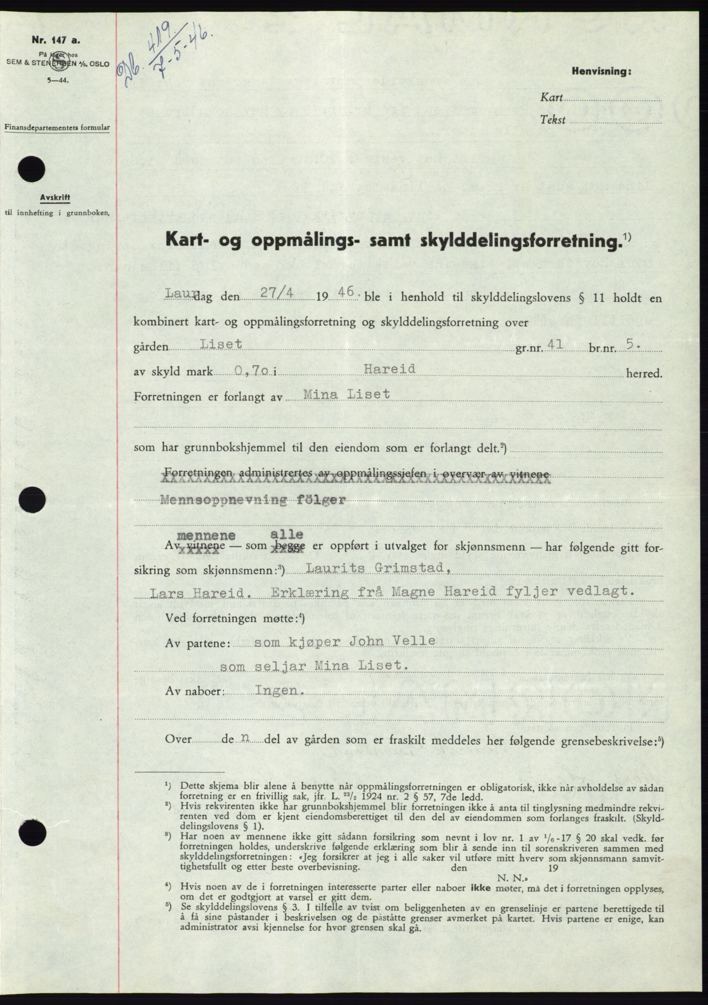 Søre Sunnmøre sorenskriveri, SAT/A-4122/1/2/2C/L0078: Pantebok nr. 4A, 1946-1946, Dagboknr: 419/1946