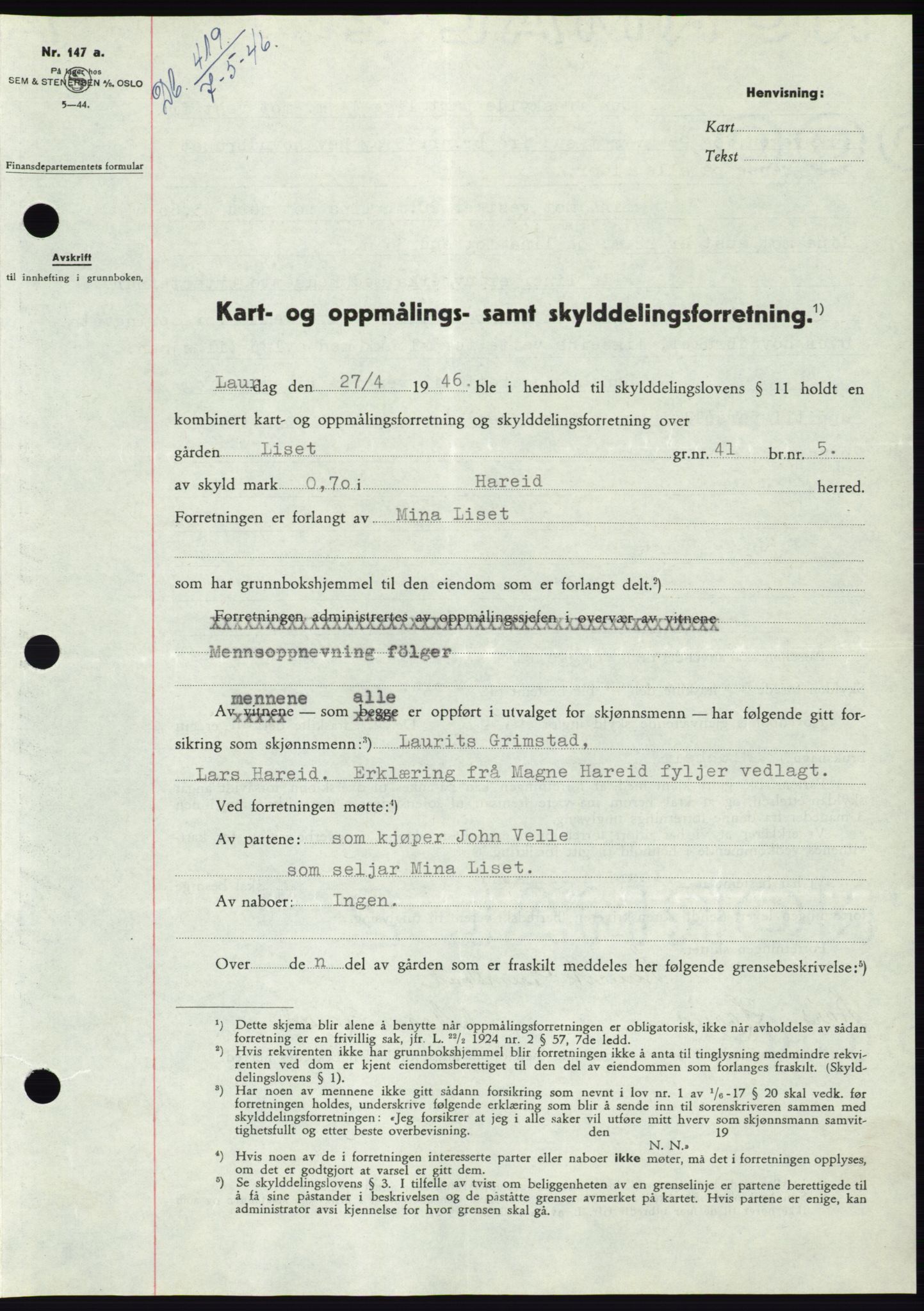 Søre Sunnmøre sorenskriveri, AV/SAT-A-4122/1/2/2C/L0078: Pantebok nr. 4A, 1946-1946, Dagboknr: 419/1946