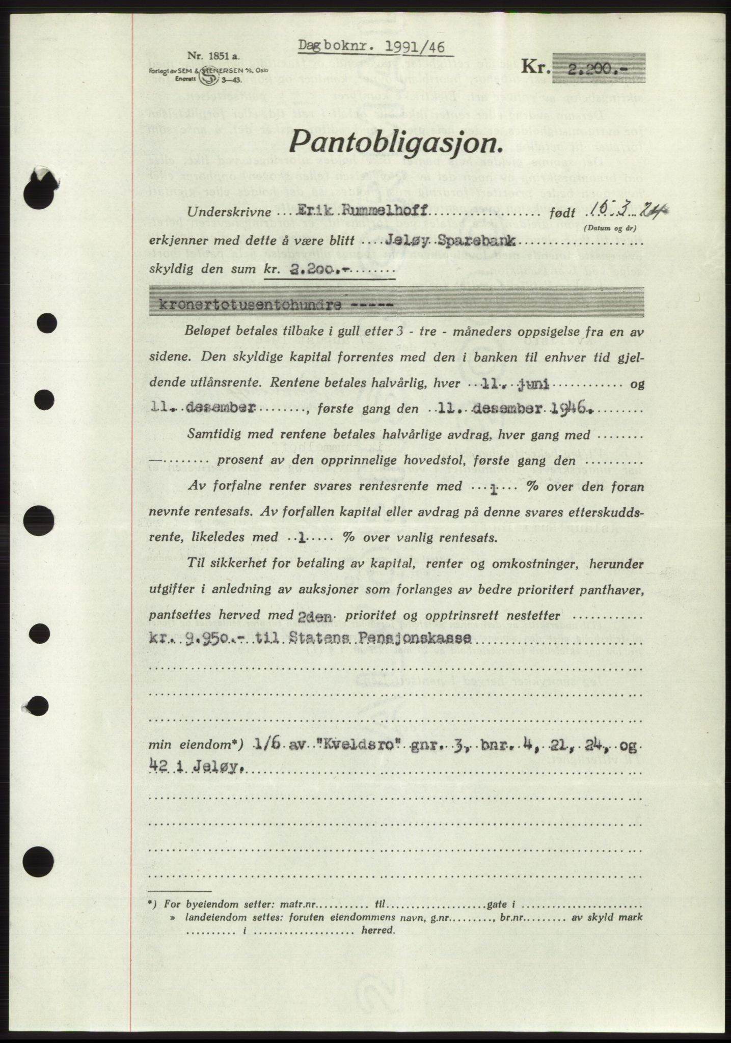 Moss sorenskriveri, SAO/A-10168: Pantebok nr. B15, 1946-1946, Dagboknr: 1991/1946