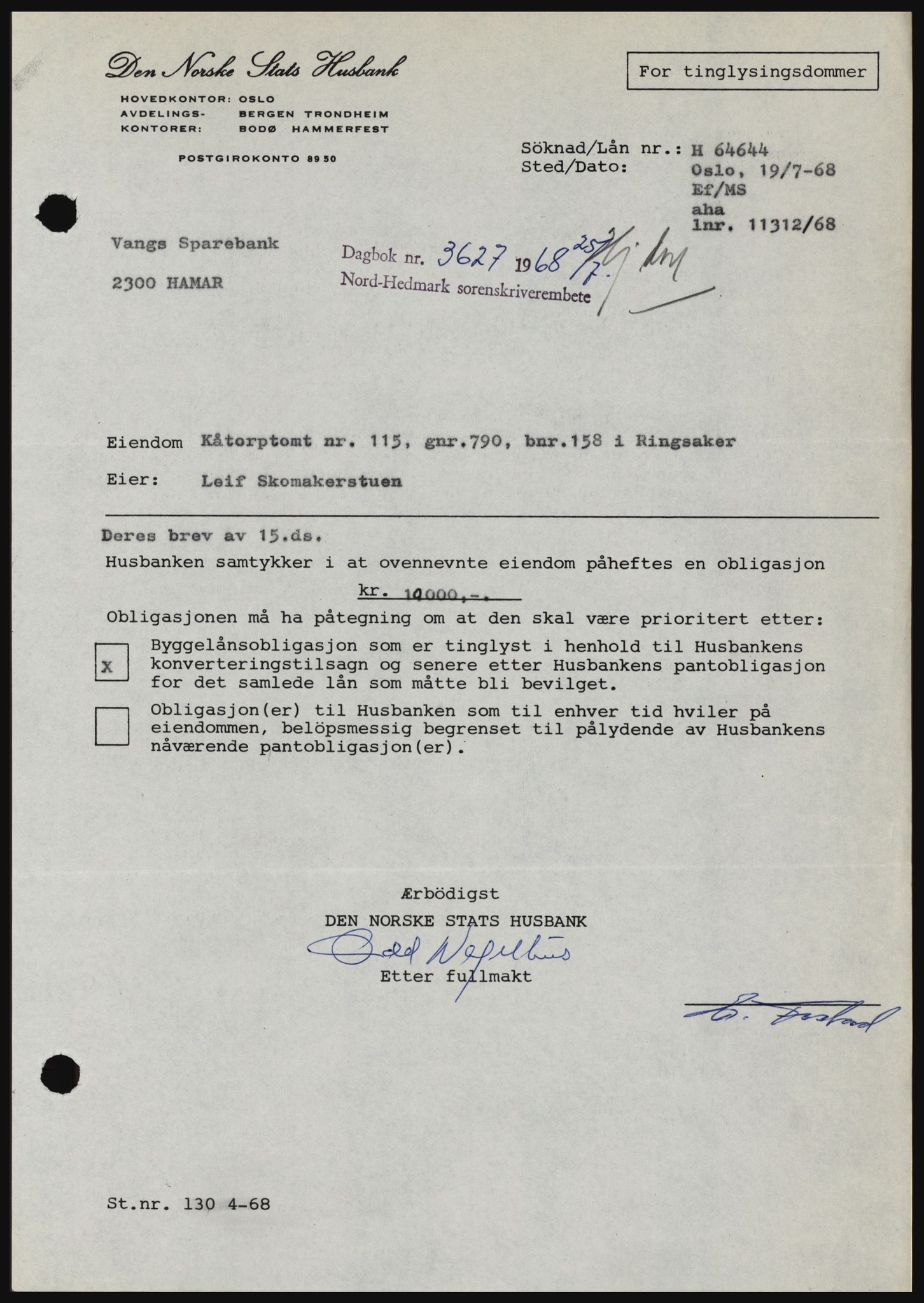Nord-Hedmark sorenskriveri, SAH/TING-012/H/Hc/L0028: Pantebok nr. 28, 1968-1968, Dagboknr: 3627/1968