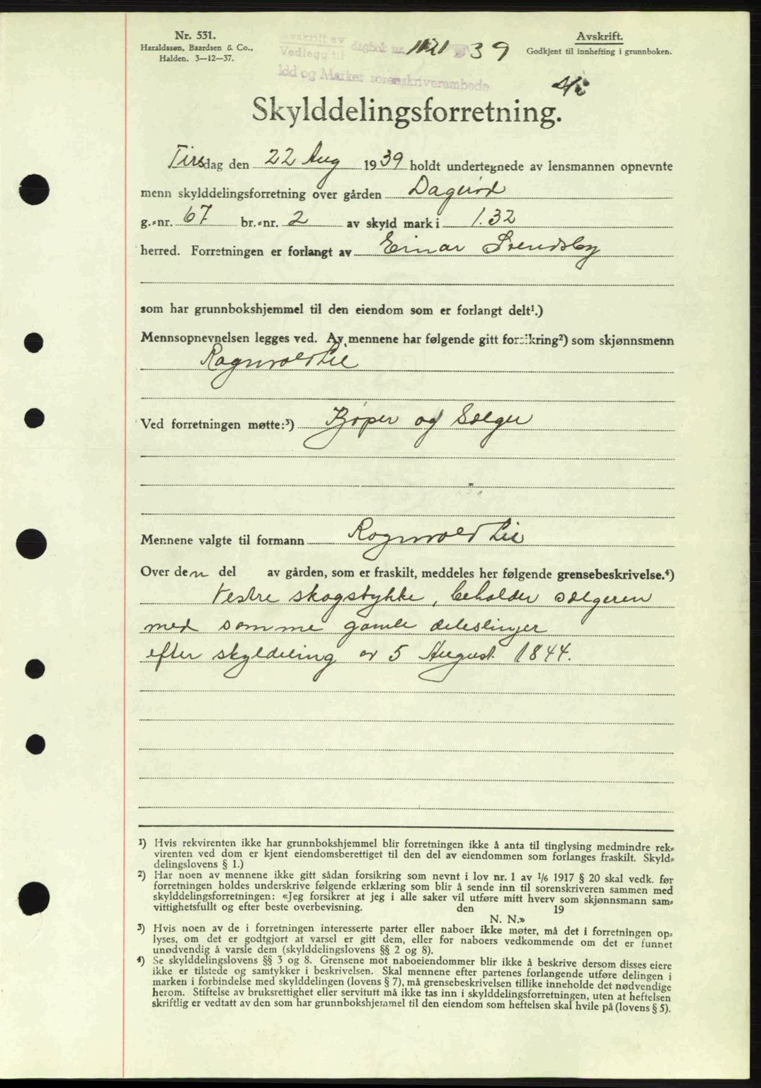 Idd og Marker sorenskriveri, AV/SAO-A-10283/G/Gb/Gbb/L0003: Pantebok nr. A3, 1938-1939, Dagboknr: 1121/1939