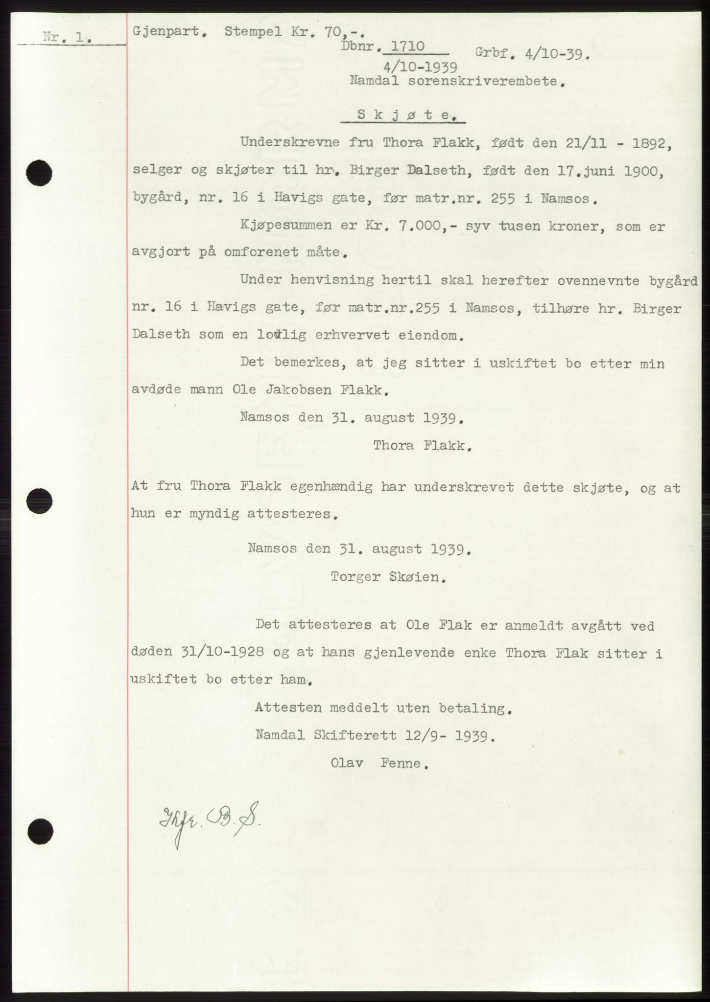 Namdal sorenskriveri, SAT/A-4133/1/2/2C: Pantebok nr. -, 1937-1939, Tingl.dato: 04.10.1939