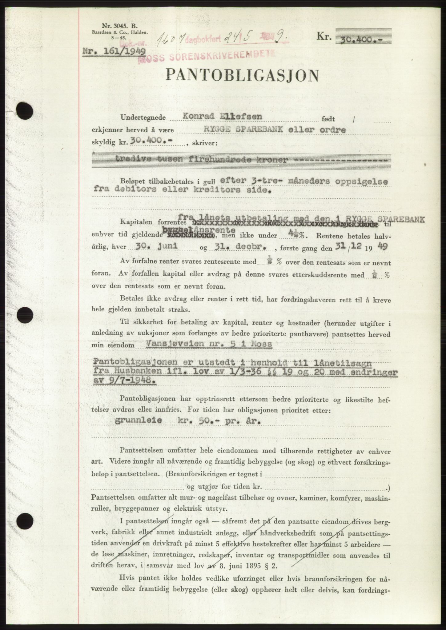 Moss sorenskriveri, SAO/A-10168: Pantebok nr. B22, 1949-1949, Dagboknr: 1607/1949