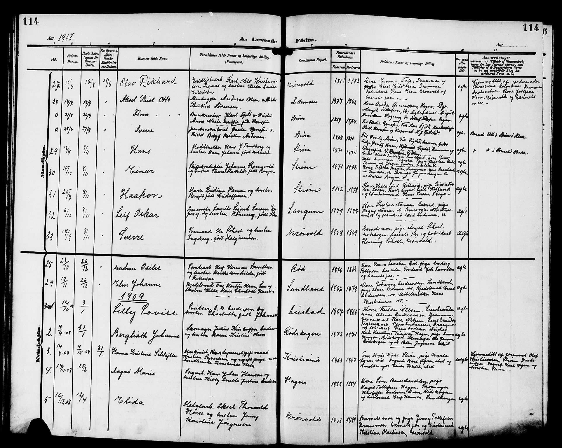 Strømsgodset kirkebøker, AV/SAKO-A-324/G/Ga/L0002: Klokkerbok nr. 2, 1885-1910, s. 114