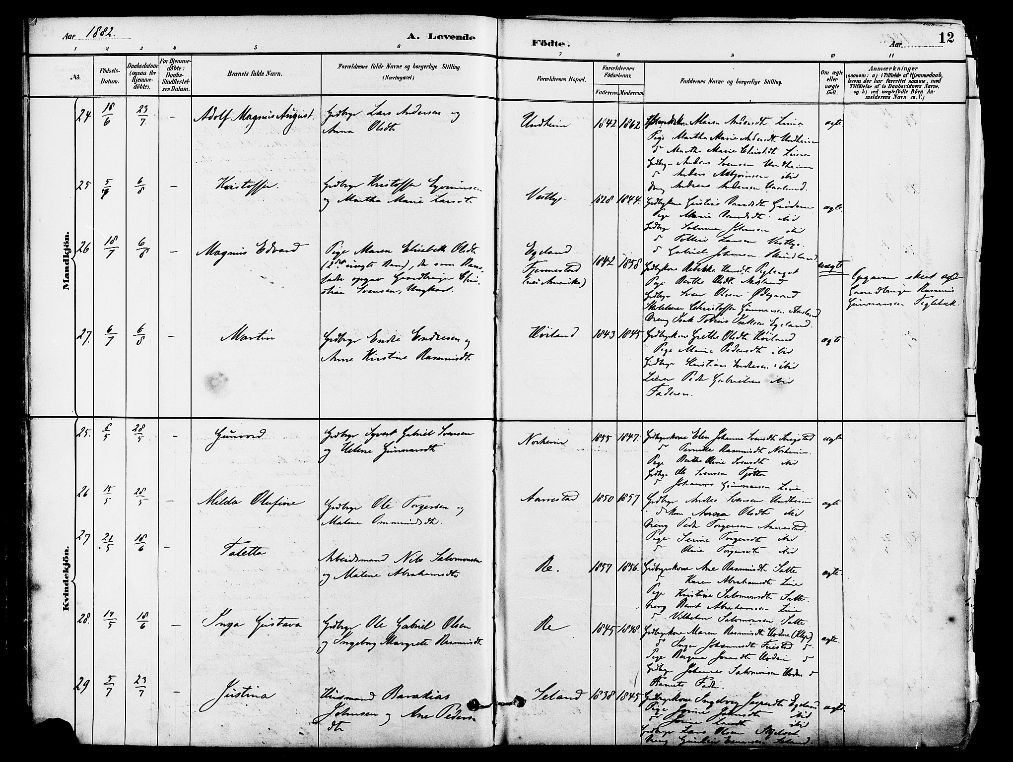Lye sokneprestkontor, AV/SAST-A-101794/001/30BA/L0009: Ministerialbok nr. A 8, 1881-1892, s. 12