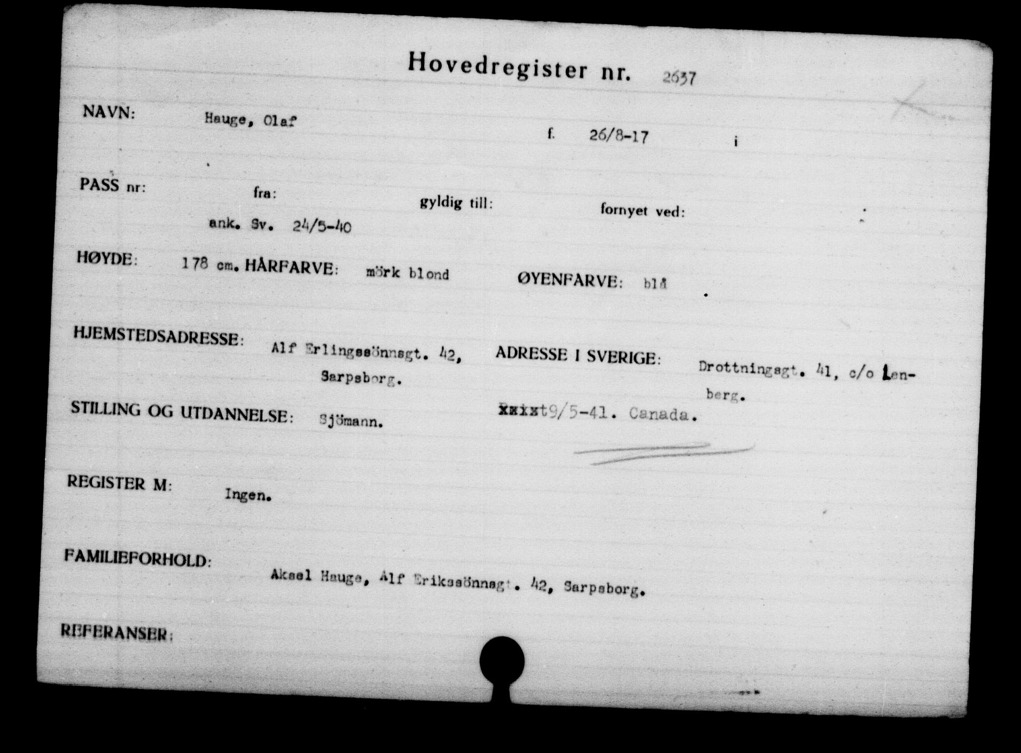 Utenriksstasjonene, Legasjonen i Stockholm, Flyktningkontoret, AV/RA-S-6753/V/Va/L0003: Kjesäterkartoteket, flyktninger med registreringsnr. 2001-3495, 1940-1945, s. 999