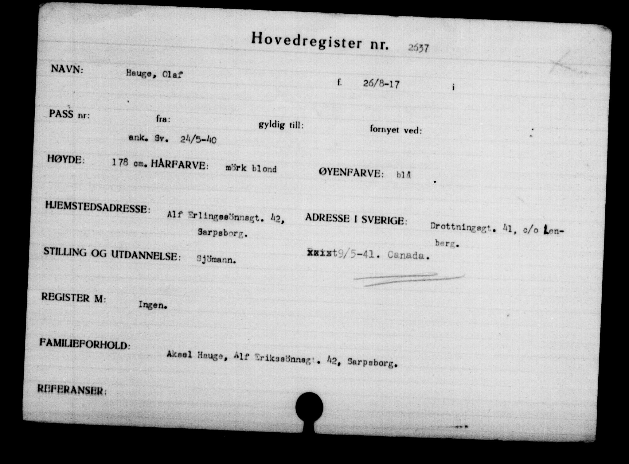 Den Kgl. Norske Legasjons Flyktningskontor, RA/S-6753/V/Va/L0003: Kjesäterkartoteket.  Flyktningenr. 2001-3495, 1940-1945, s. 999