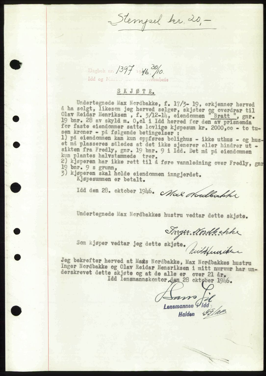 Idd og Marker sorenskriveri, SAO/A-10283/G/Gb/Gbb/L0008: Pantebok nr. A8, 1946-1946, Dagboknr: 1397/1946