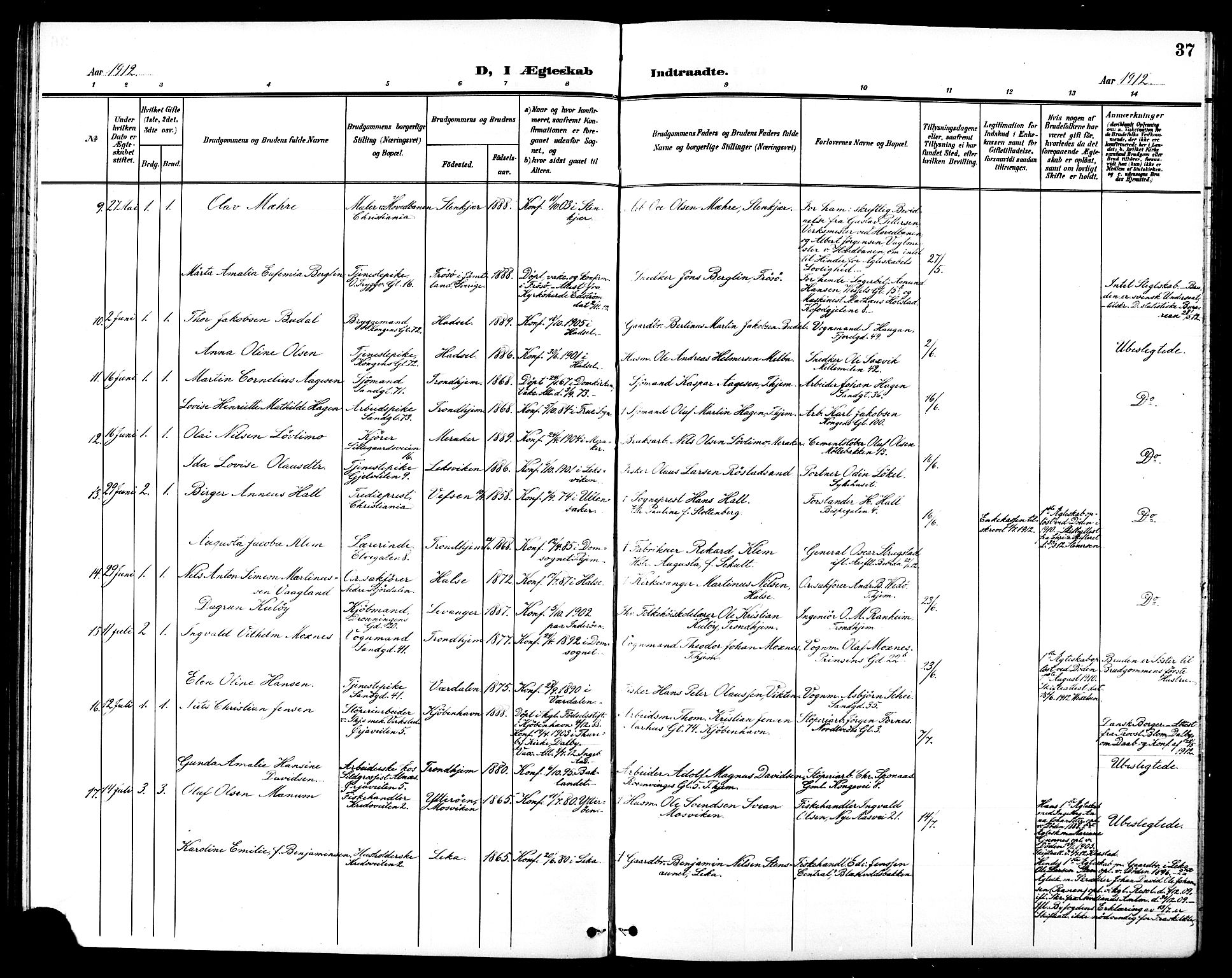 Ministerialprotokoller, klokkerbøker og fødselsregistre - Sør-Trøndelag, SAT/A-1456/602/L0145: Klokkerbok nr. 602C13, 1902-1919, s. 37