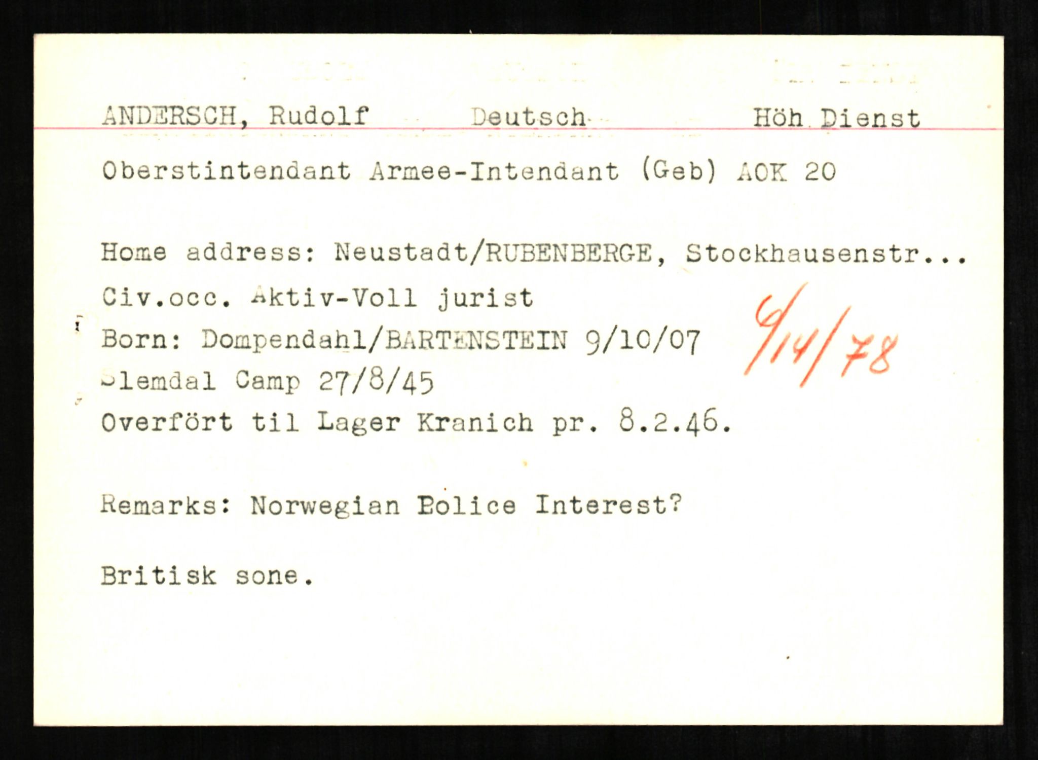 Forsvaret, Forsvarets overkommando II, RA/RAFA-3915/D/Db/L0001: CI Questionaires. Tyske okkupasjonsstyrker i Norge. Tyskere., 1945-1946, s. 236