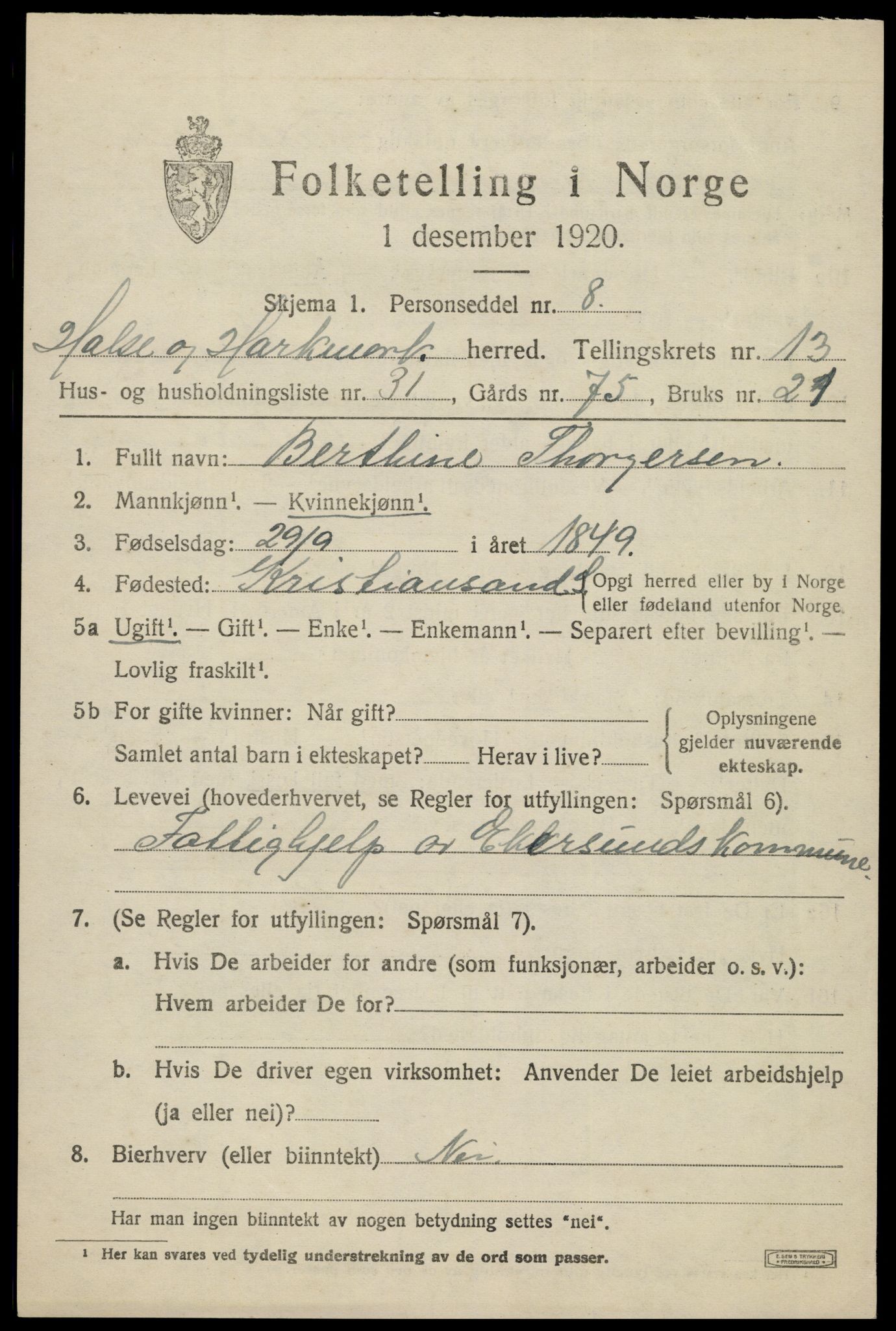 SAK, Folketelling 1920 for 1019 Halse og Harkmark herred, 1920, s. 7287