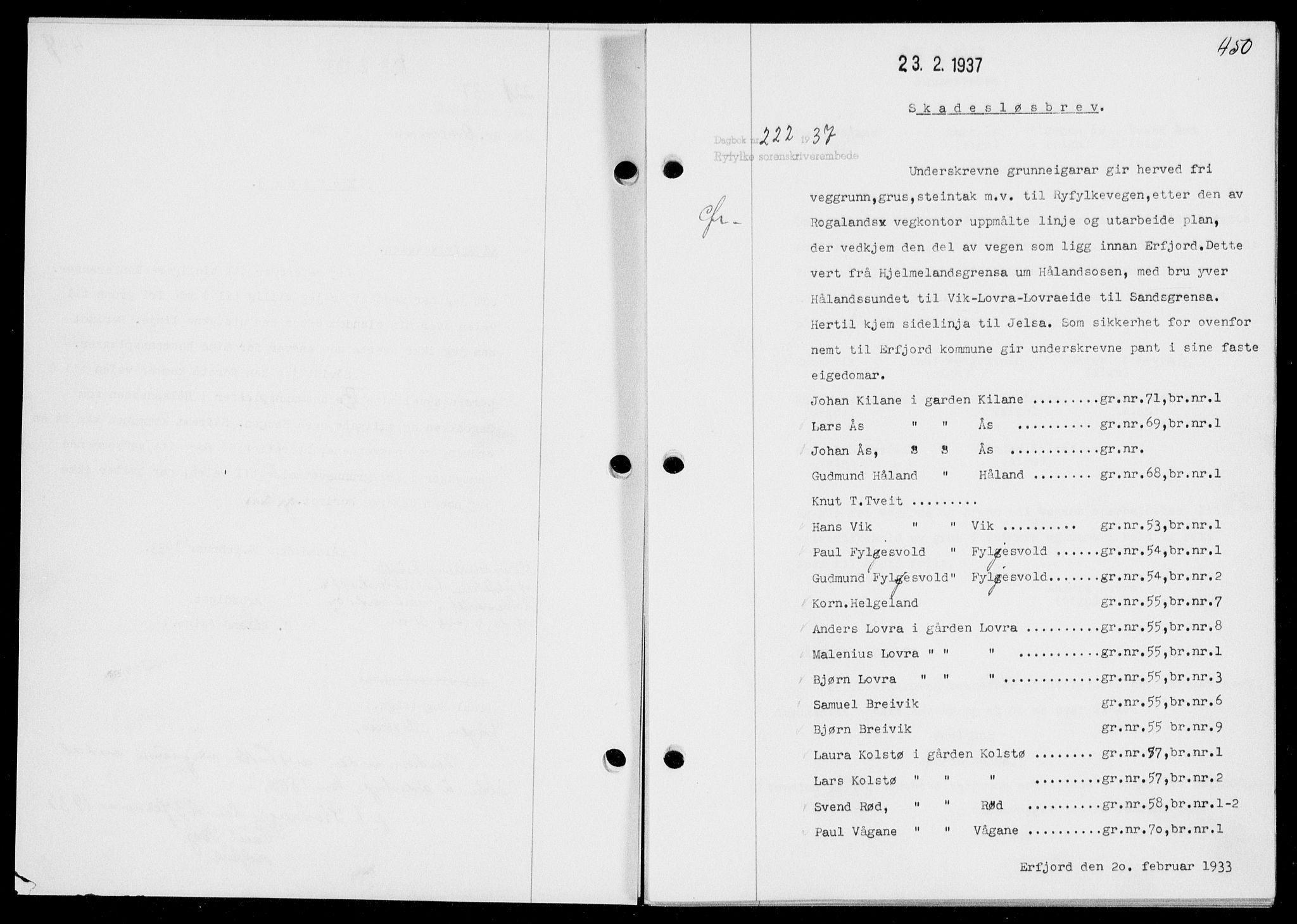 Ryfylke tingrett, SAST/A-100055/001/II/IIB/L0074: Pantebok nr. 53, 1936-1937, Dagboknr: 222/1937