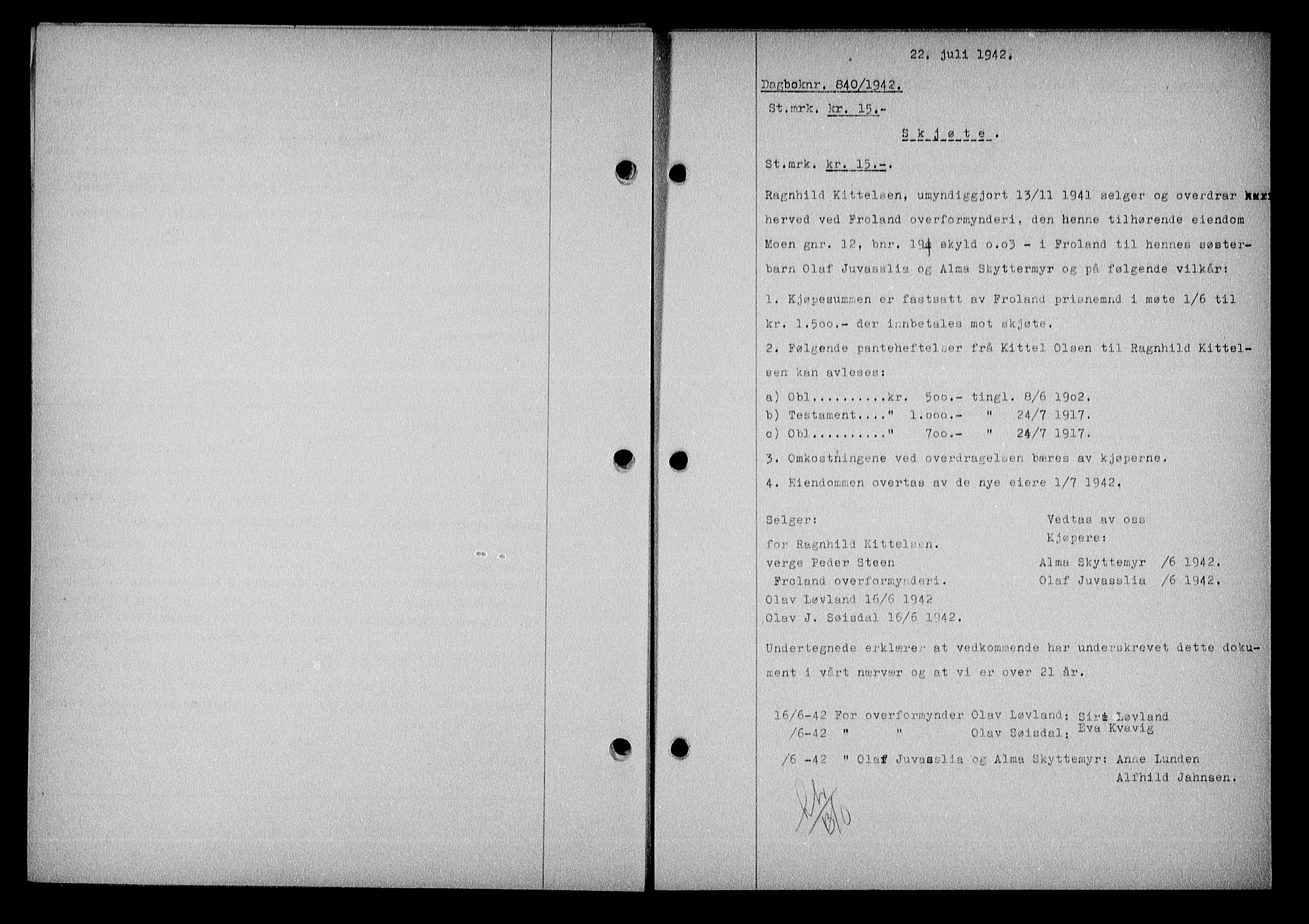 Nedenes sorenskriveri, SAK/1221-0006/G/Gb/Gba/L0049: Pantebok nr. A-III, 1941-1942, Dagboknr: 840/1942
