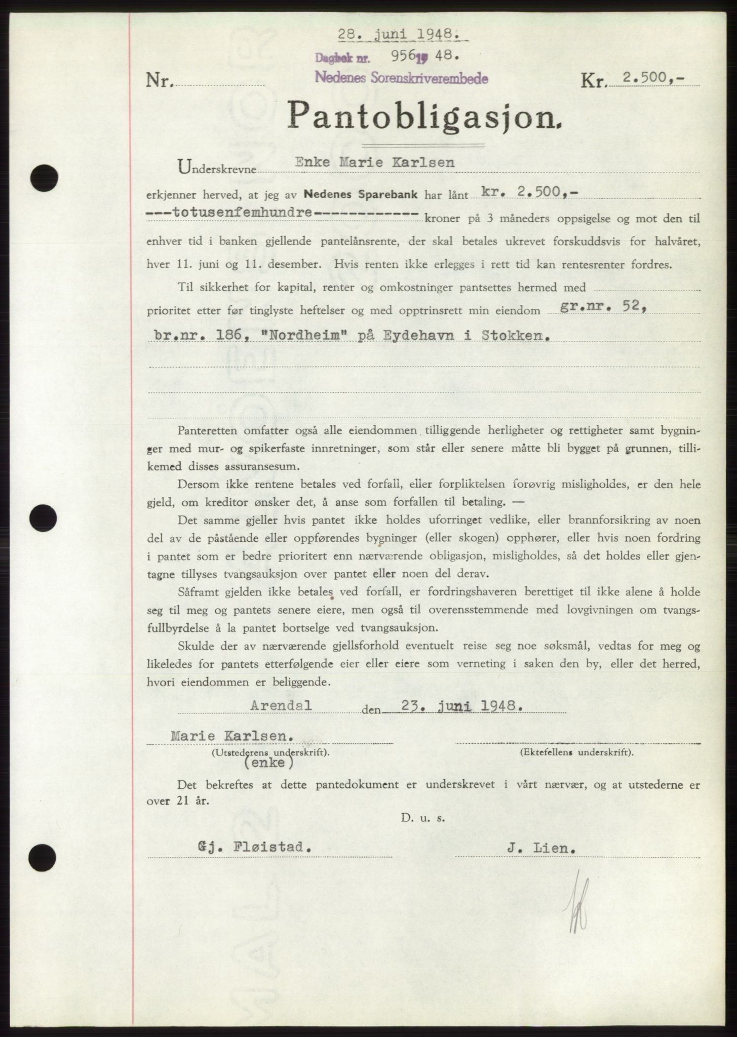 Nedenes sorenskriveri, AV/SAK-1221-0006/G/Gb/Gbb/L0005: Pantebok nr. B5, 1948-1948, Dagboknr: 956/1948